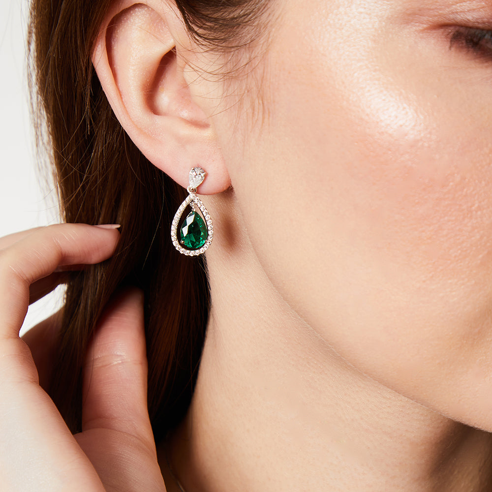 Solid 925 Sterling Silver Green Pear-Cut Halo Drop Earrings |Premium Cubic Zirconia