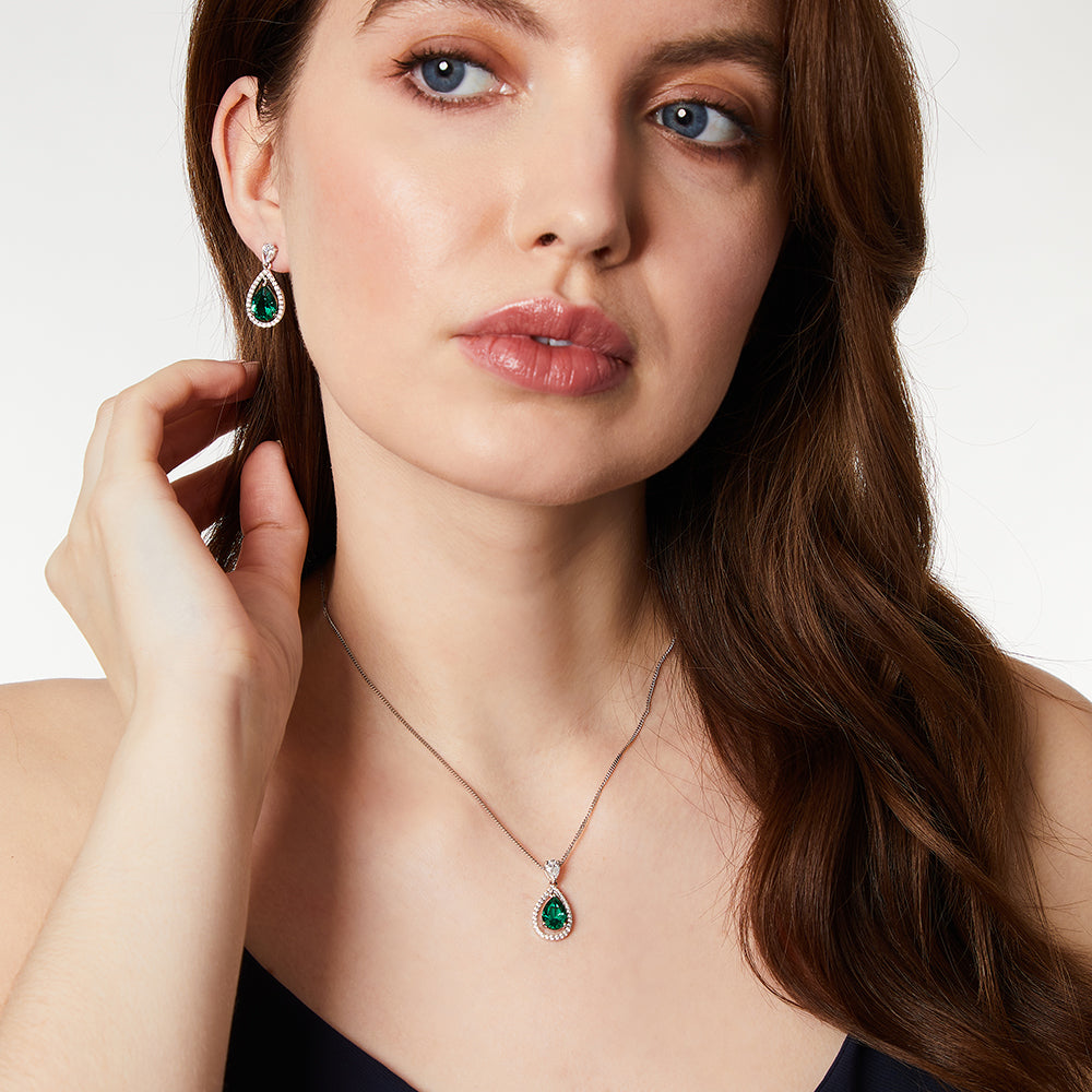 Solid 925 Sterling Silver Green Pear-Cut Halo Drop Earrings |Premium Cubic Zirconia