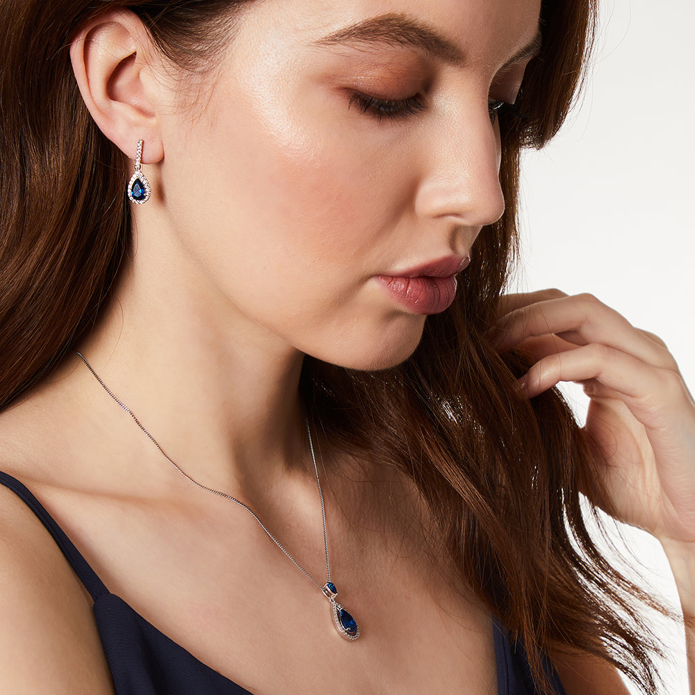 Sterling Silver Sapphire Blue Cubic Zirconia Drop Earrings