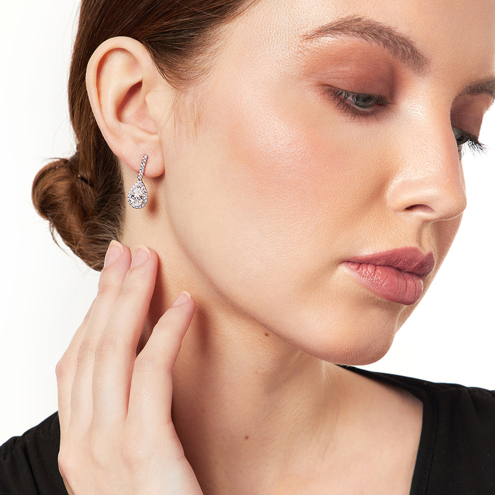 Sterling Silver Halo Teardrop Cubic Zirconia Earrings