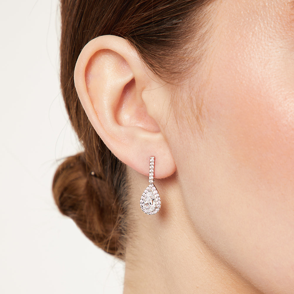 Sterling Silver Halo Teardrop Cubic Zirconia Earrings