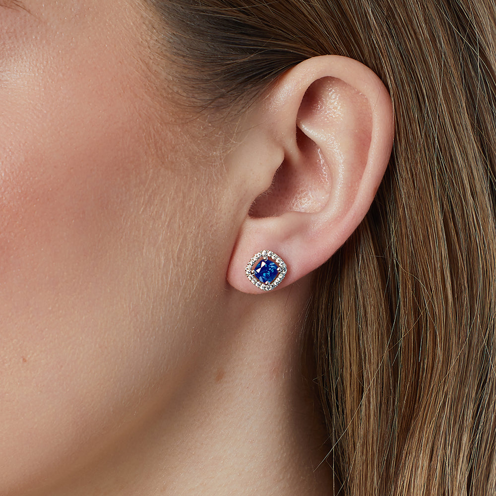 Sterling Silver Halo Sapphire Blue Cubic Zirconia Earrings