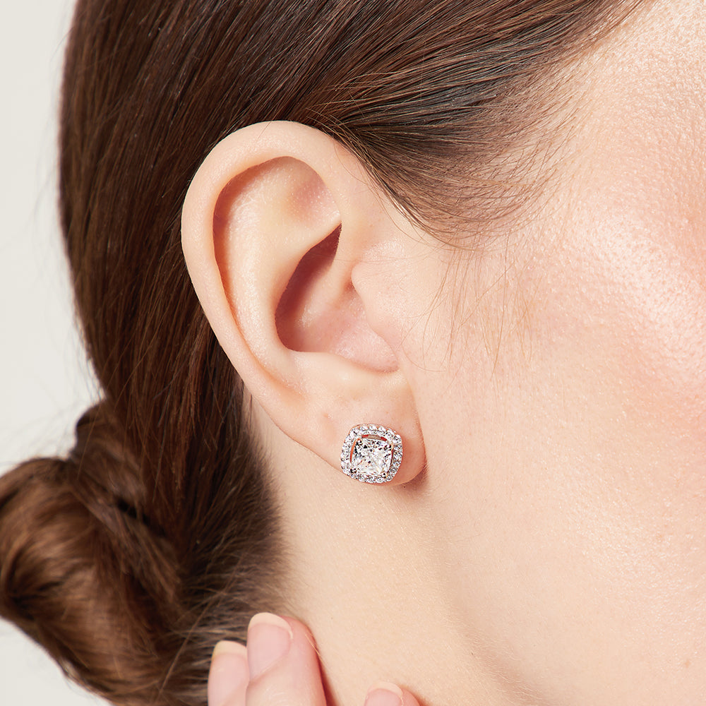 Sterling Silver Cushion Cut Halo Stud Earrings