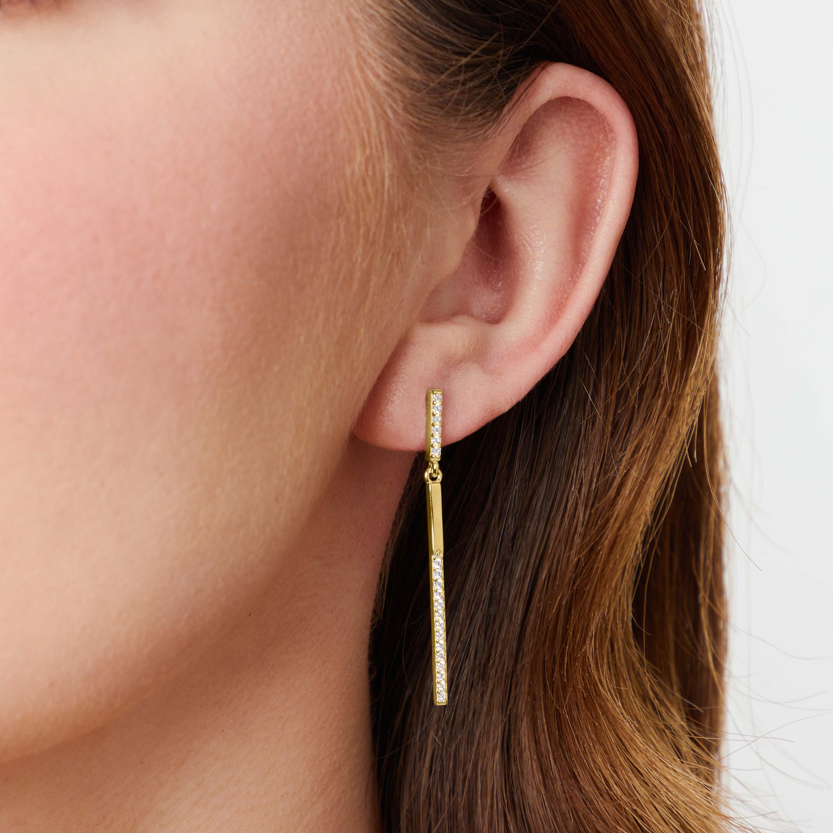 Gold Vermeil Thin Bar Drop Earrings With Cubic Zirconia