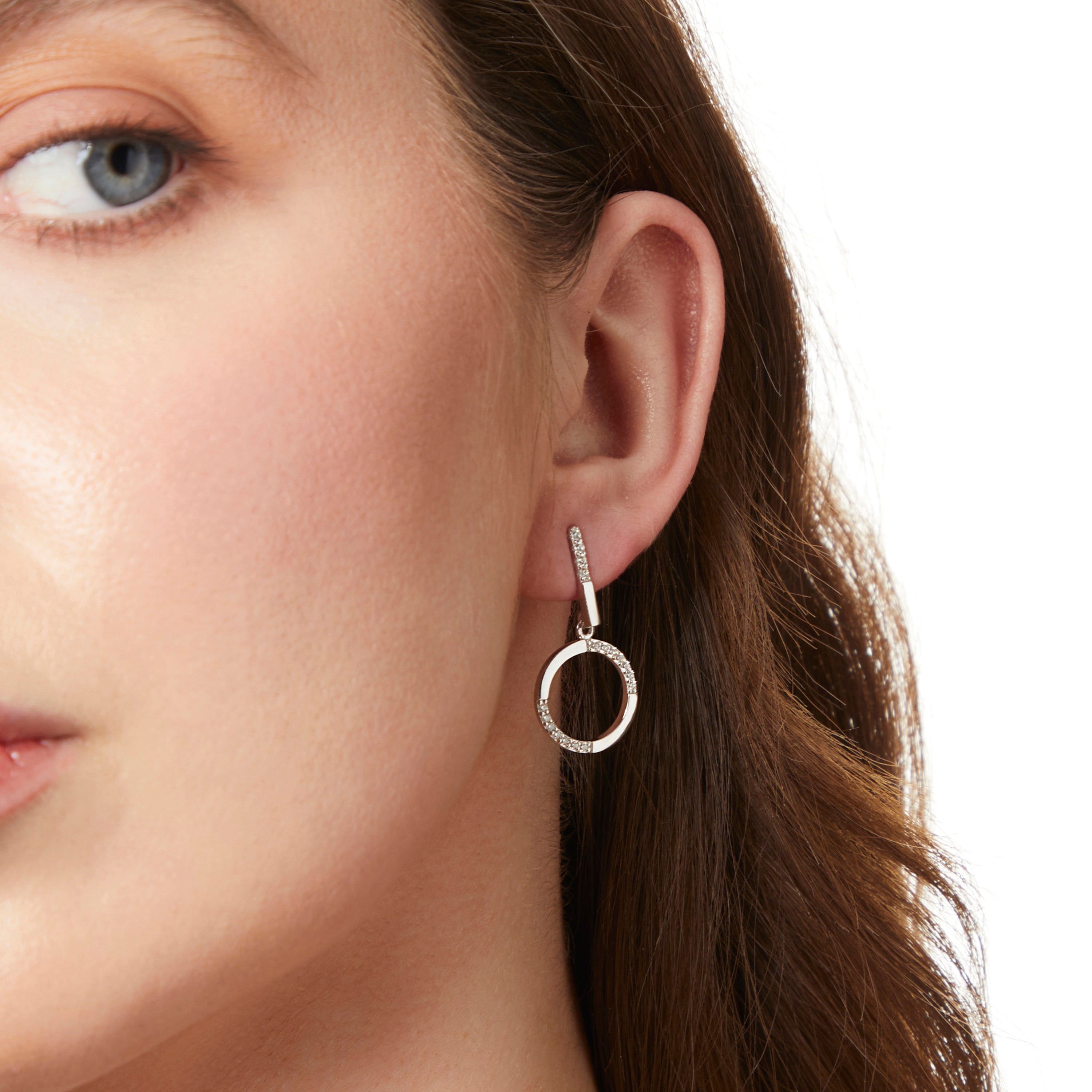 Sterling Silver Half Cubic Zirconia Circle Drop Earrings
