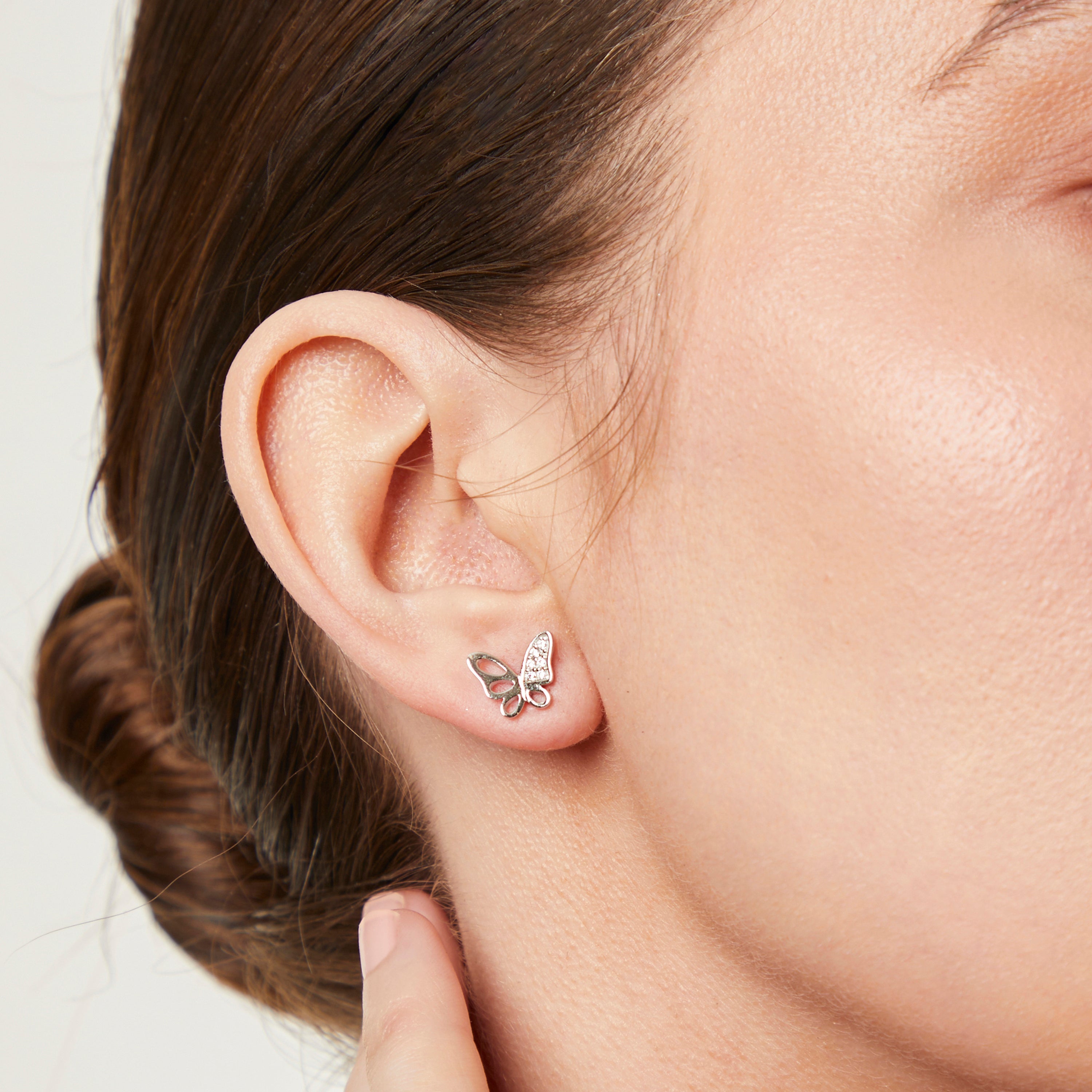 Sterling Silver Butterfly Part Cubic Zirconia Stud Earrings