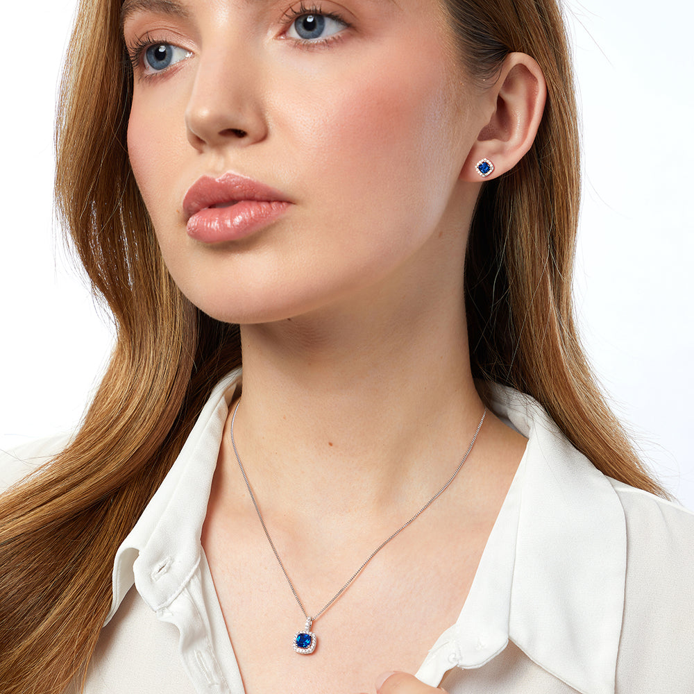 Sterling Silver Sapphire Cubic Zirconia Halo Stud Earrings