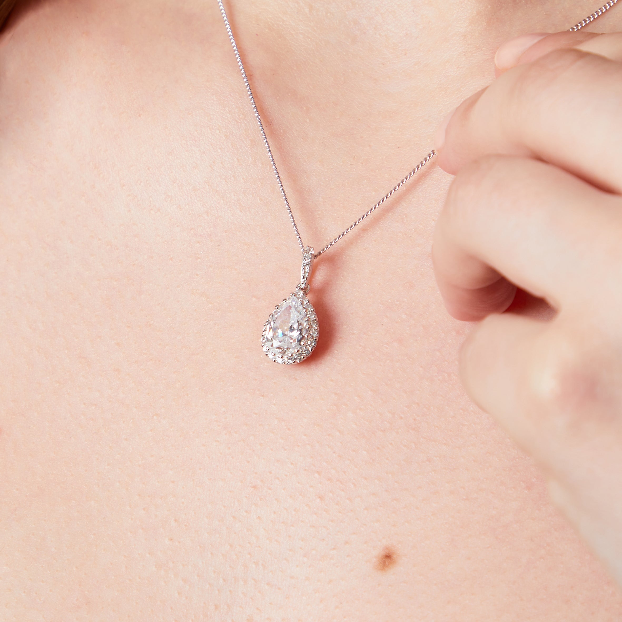 Solid 925 Sterling Silver Pear-Cut Halo Pendant Necklace | Premium Cubic Zirconia