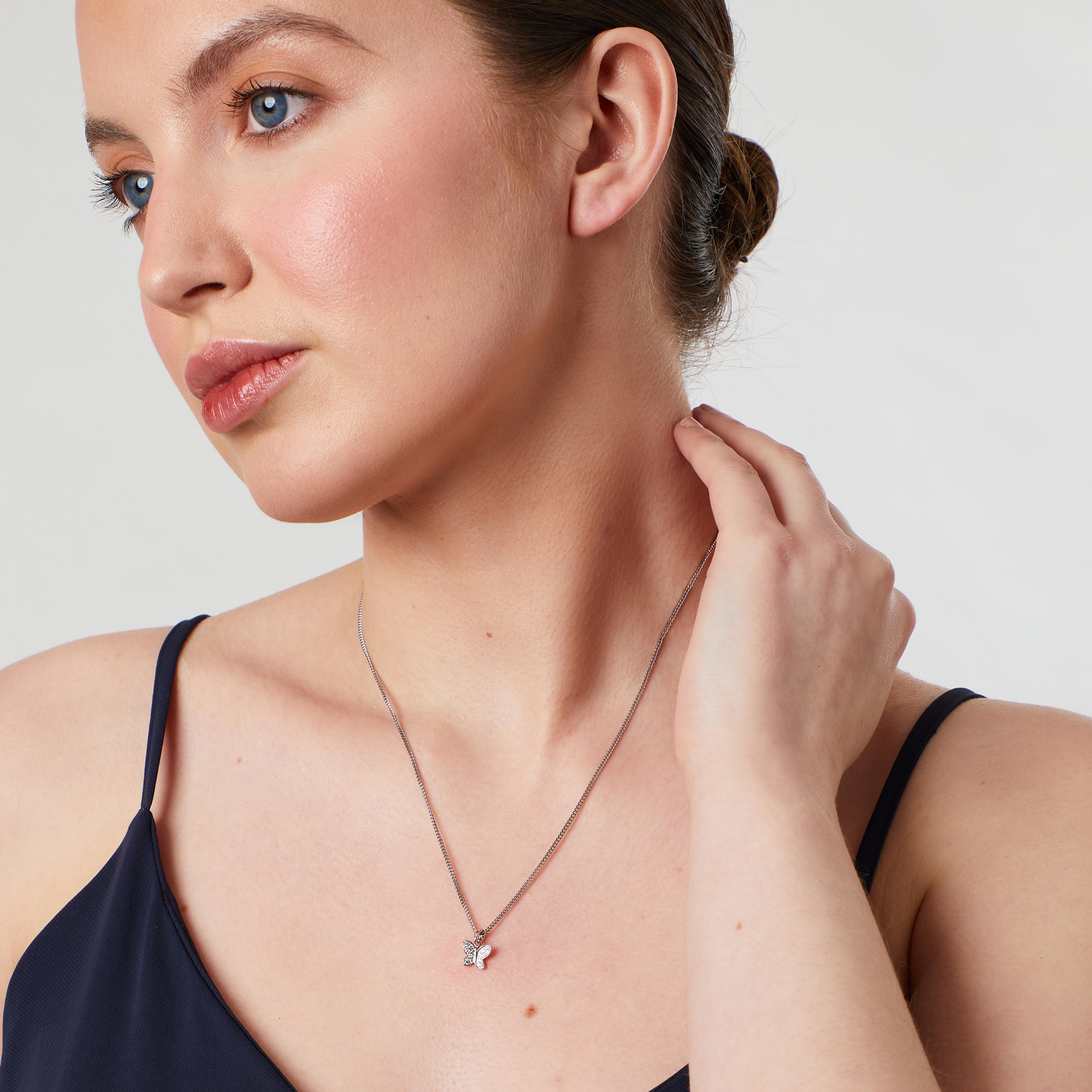 Sterling Silver Small Butterfly Pave Set Necklace