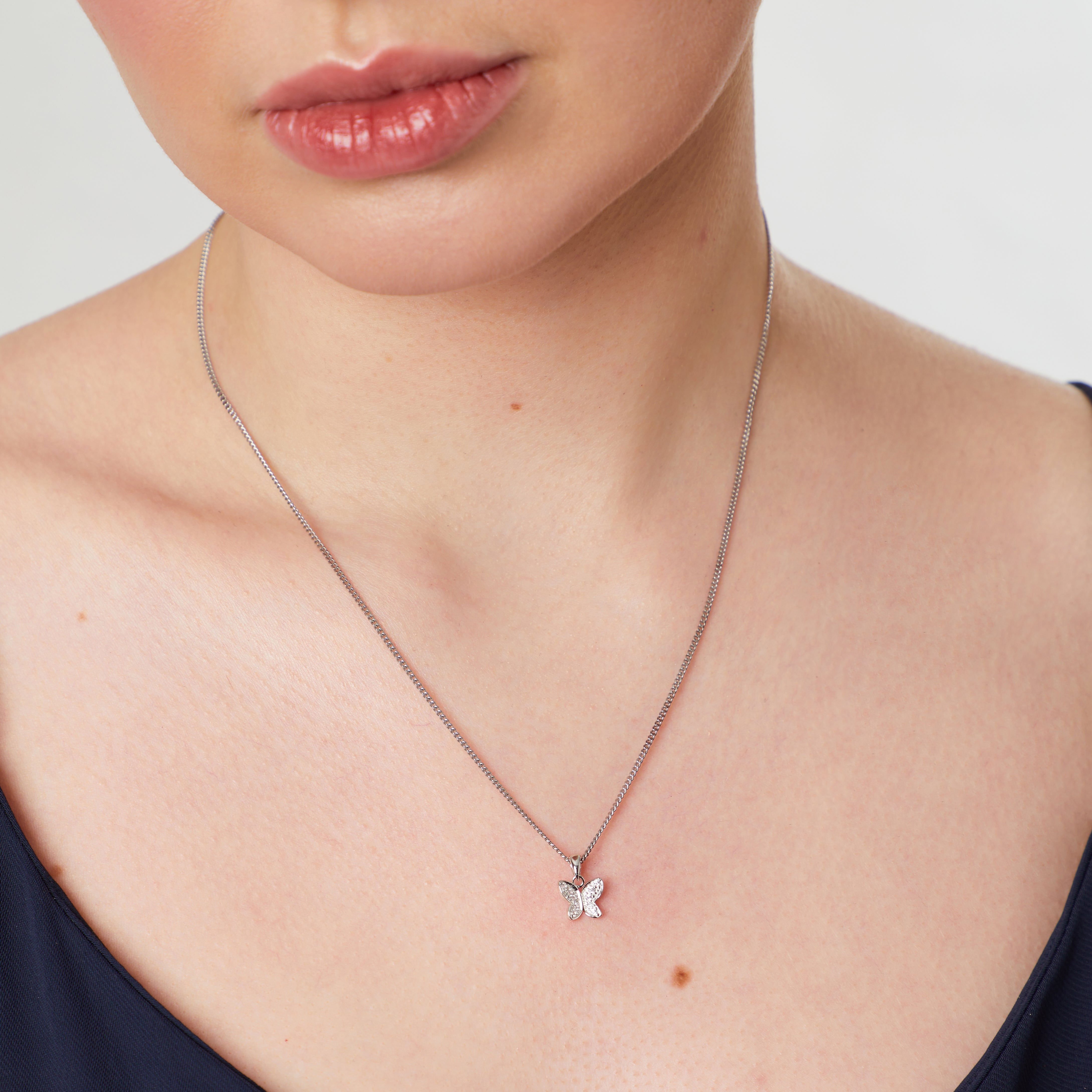 Sterling Silver Small Butterfly Pave Set Necklace