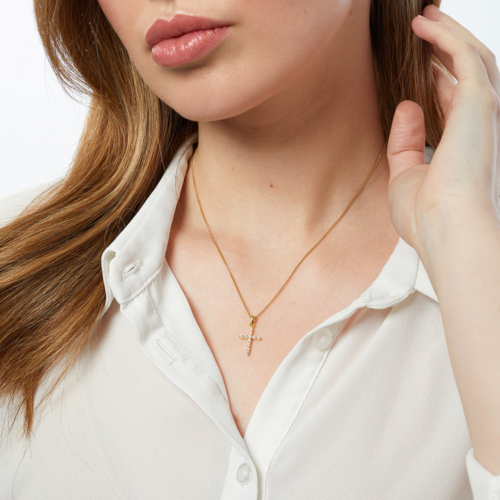 18ct Gold Vermeil Cross Pendant Necklace with Sparkling Cubic Zirconia