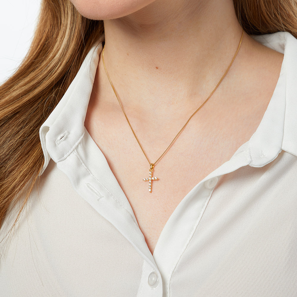 18ct Gold Vermeil Cross Pendant Necklace with Sparkling Cubic Zirconia