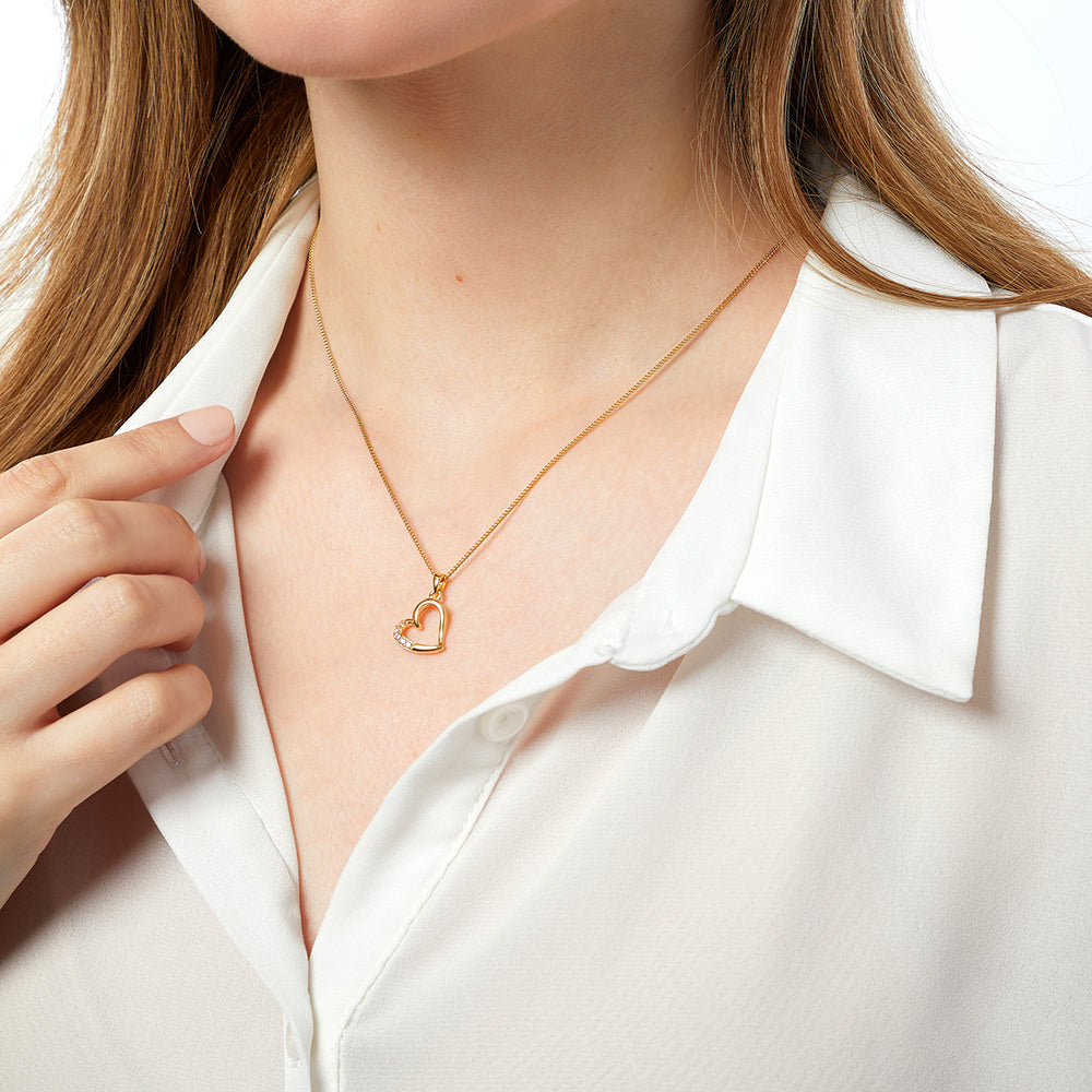 Yellow Gold Offset Heart Pendant With Cubic Zirconia Stones