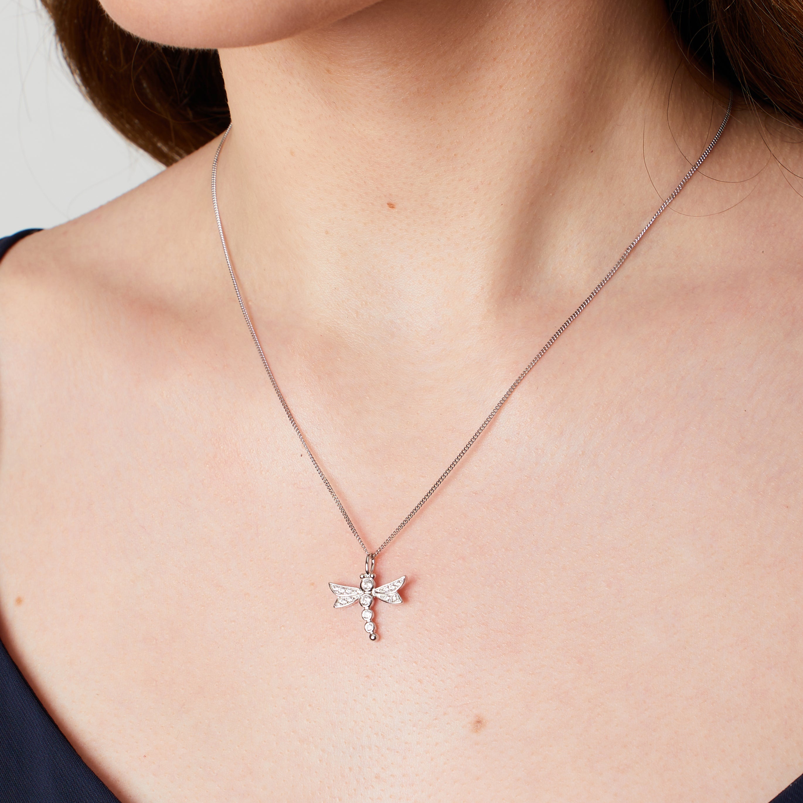 Cubic Zirconia Sterling Silver Dragonfly Necklace
