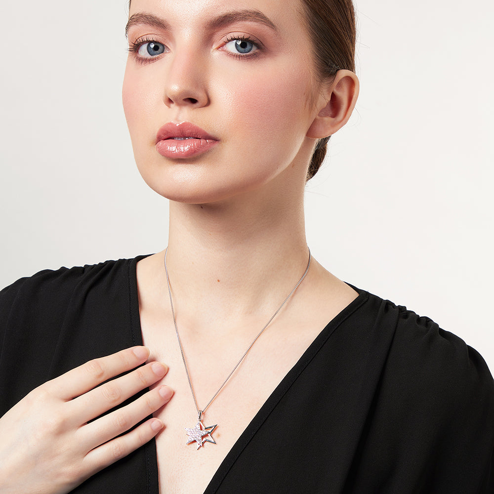 Sterling Silver Double Star Pendant Necklace | Cubic Zirconia