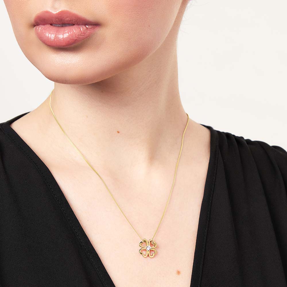 Gold Vermeil Heart Shape Clover Pendant With Cubic Zirconia Centre