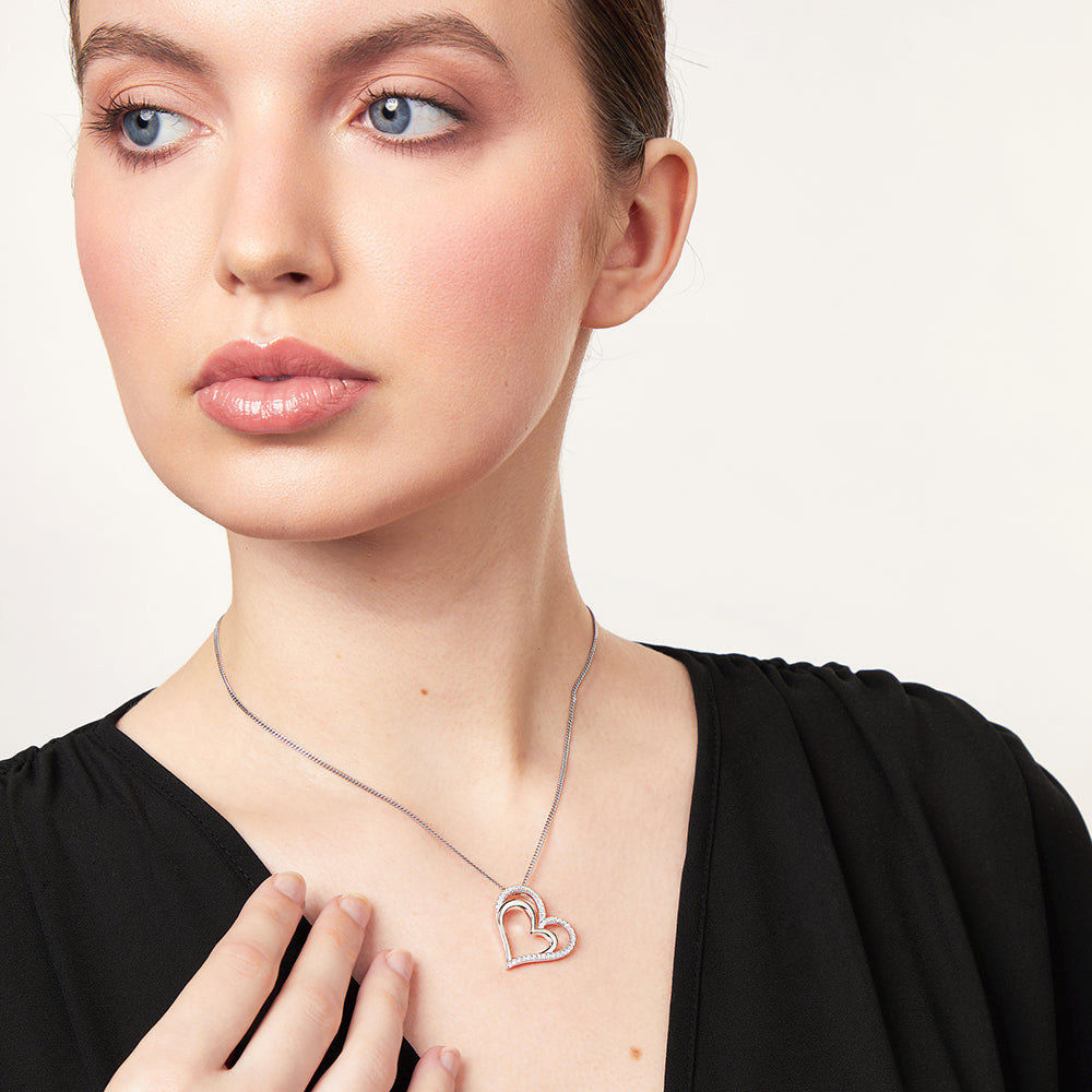 Sterling Silver Offset Pave Set Double Heart Pendant