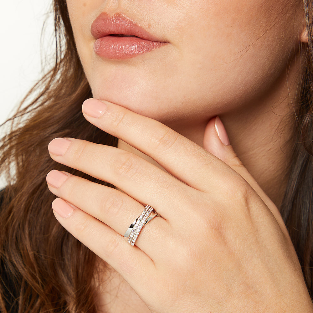 Sterling Silver Twisted Band Ring Set With Cubic Zirconia Stones