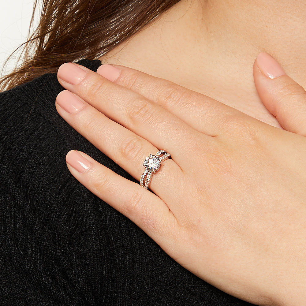 Sterling Silver Double Split Shoulder Cubic Zirconia Ring