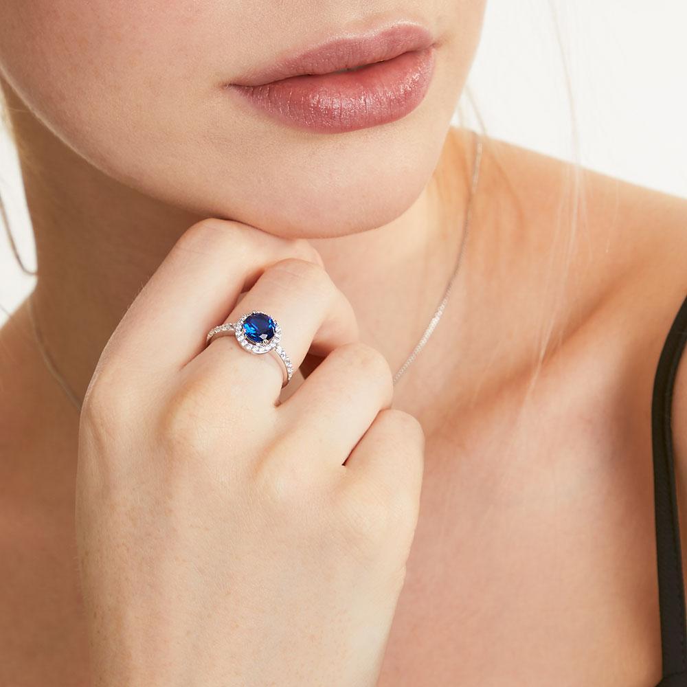 Sterling Silver Sapphire Blue Cubic Zirconia Halo Ring