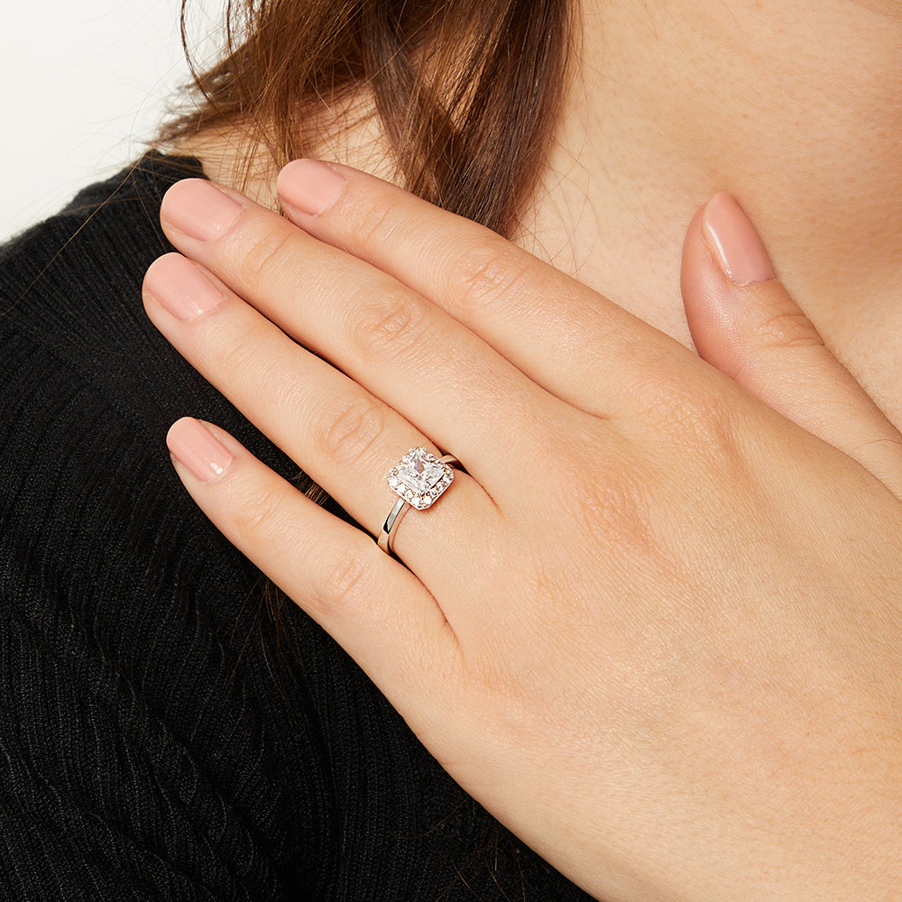 Sterling Silver Square Cut 1.25ct Halo Cubic Zirconia Ring