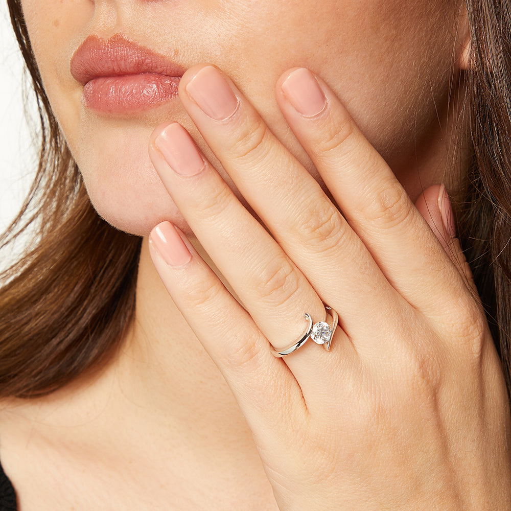 Sterling Silver Swirl Solitaire Ring | Cubic Zirconia Wave Engagement Ring