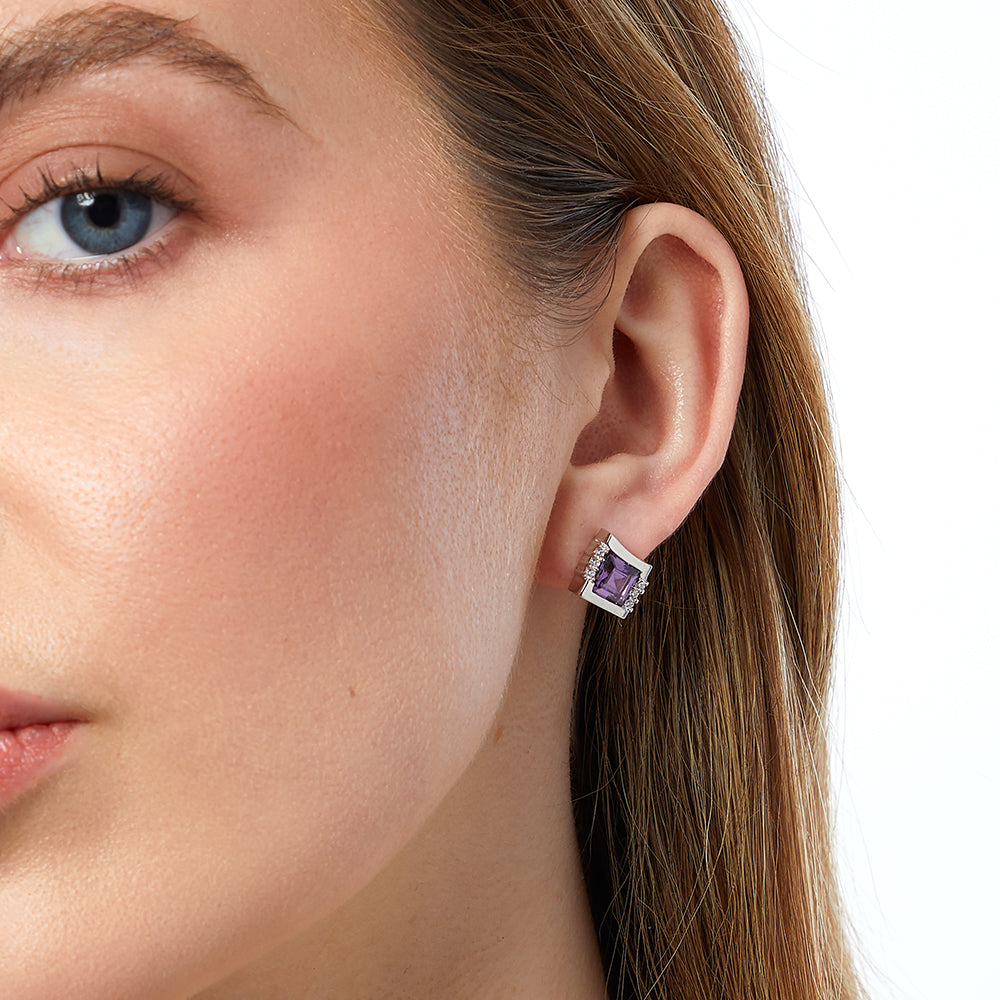 Sterling Silver Amethyst Cubic Zirconia Square Earrings