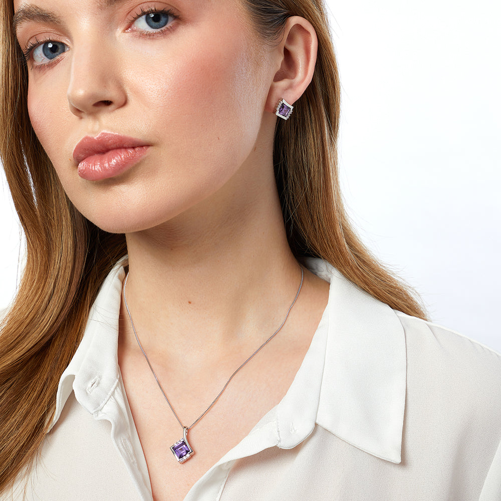 Sterling Silver Amethyst Pendant With White Zirconia