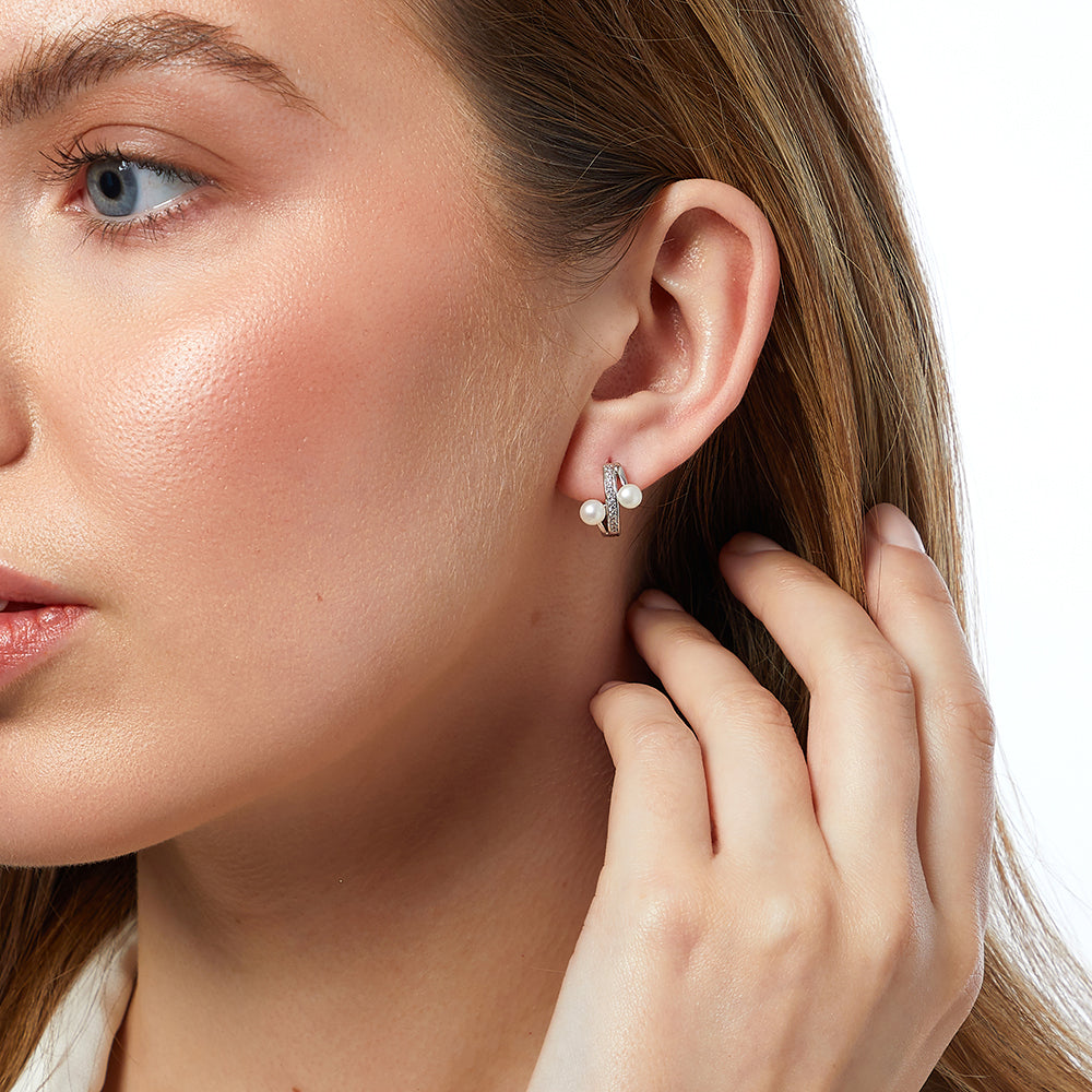Sterling Silver Two Pearl Huggie Hoop Earrings