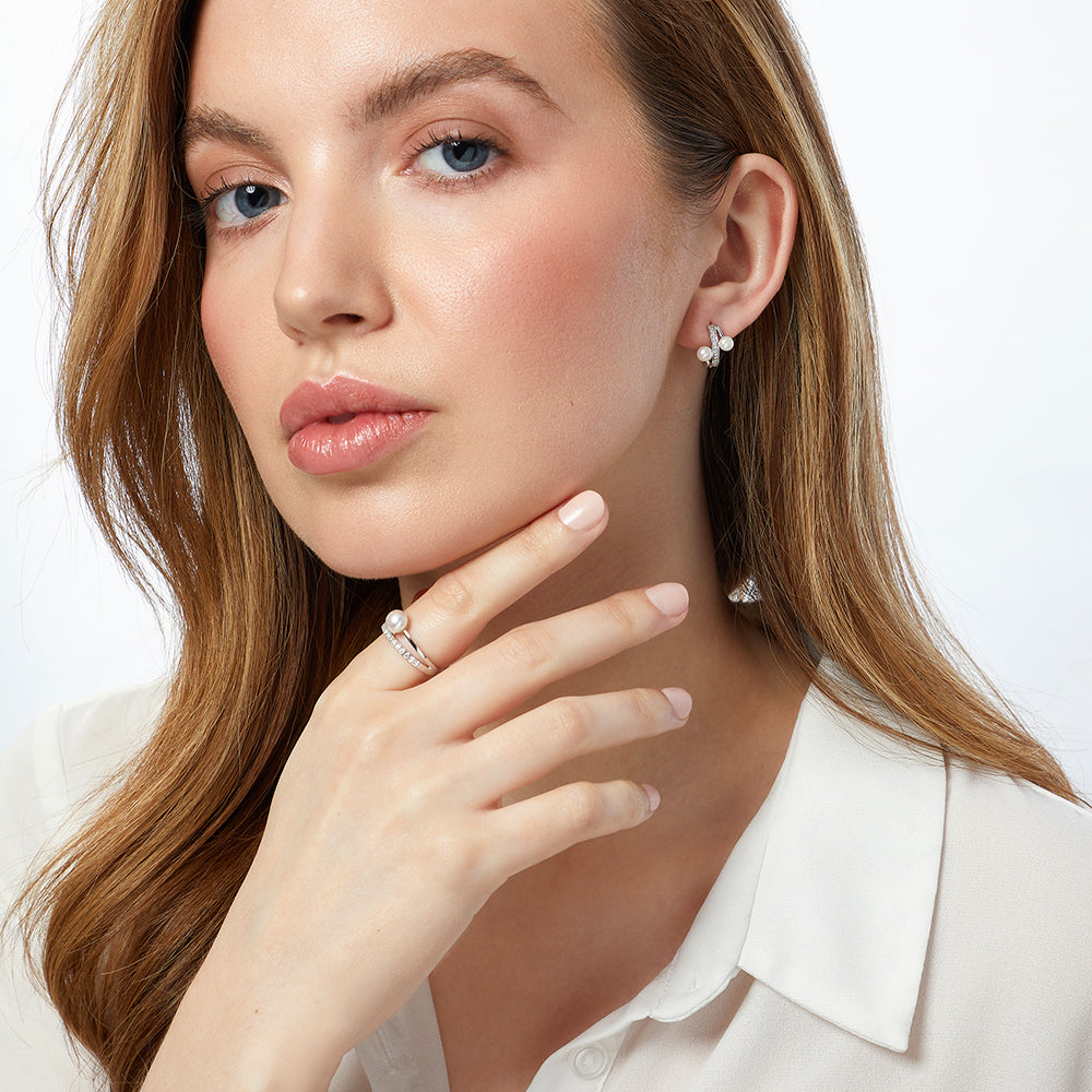Sterling Silver Two Pearl Huggie Hoop Earrings