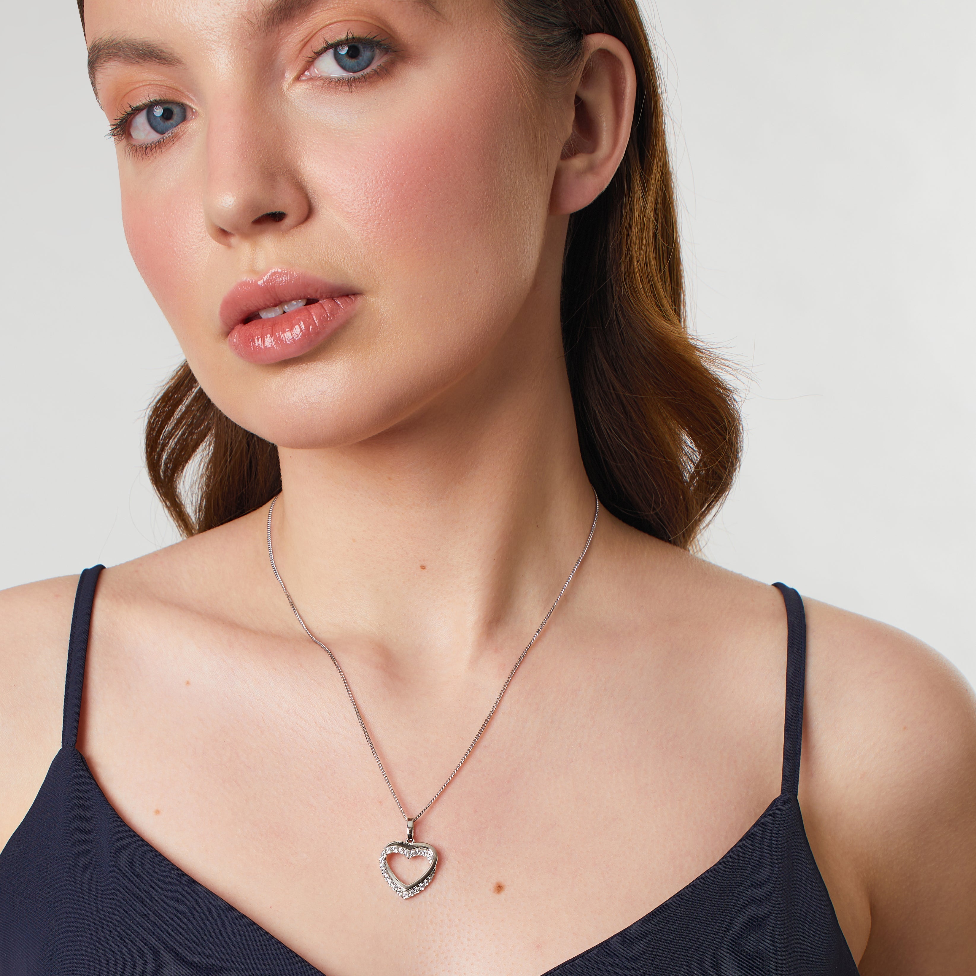 Sterling Silver Interlocking Double Heart Pendant | Cubic Zirconia Open Heart Necklace