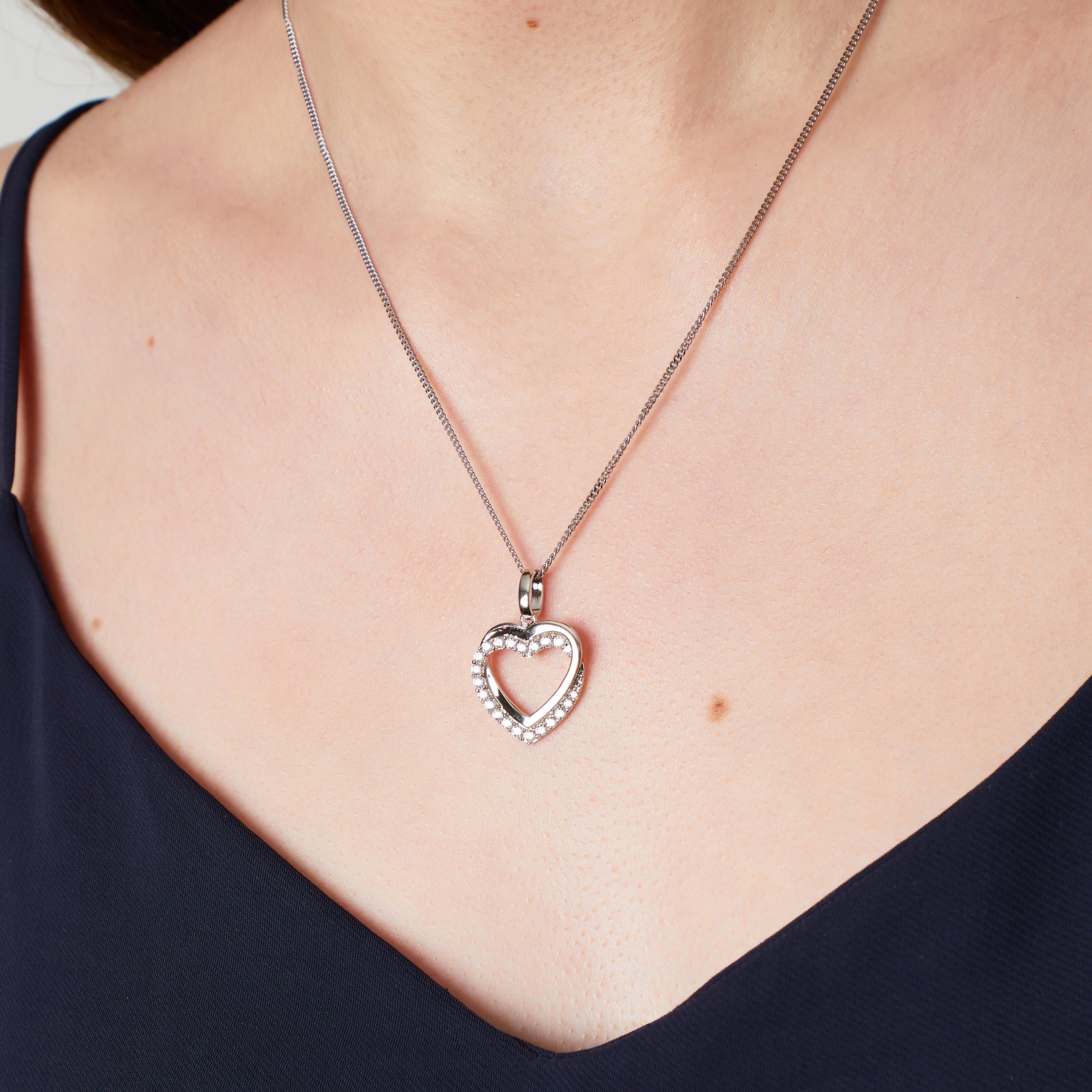 Sterling Silver Interlocking Double Heart Pendant | Cubic Zirconia Open Heart Necklace