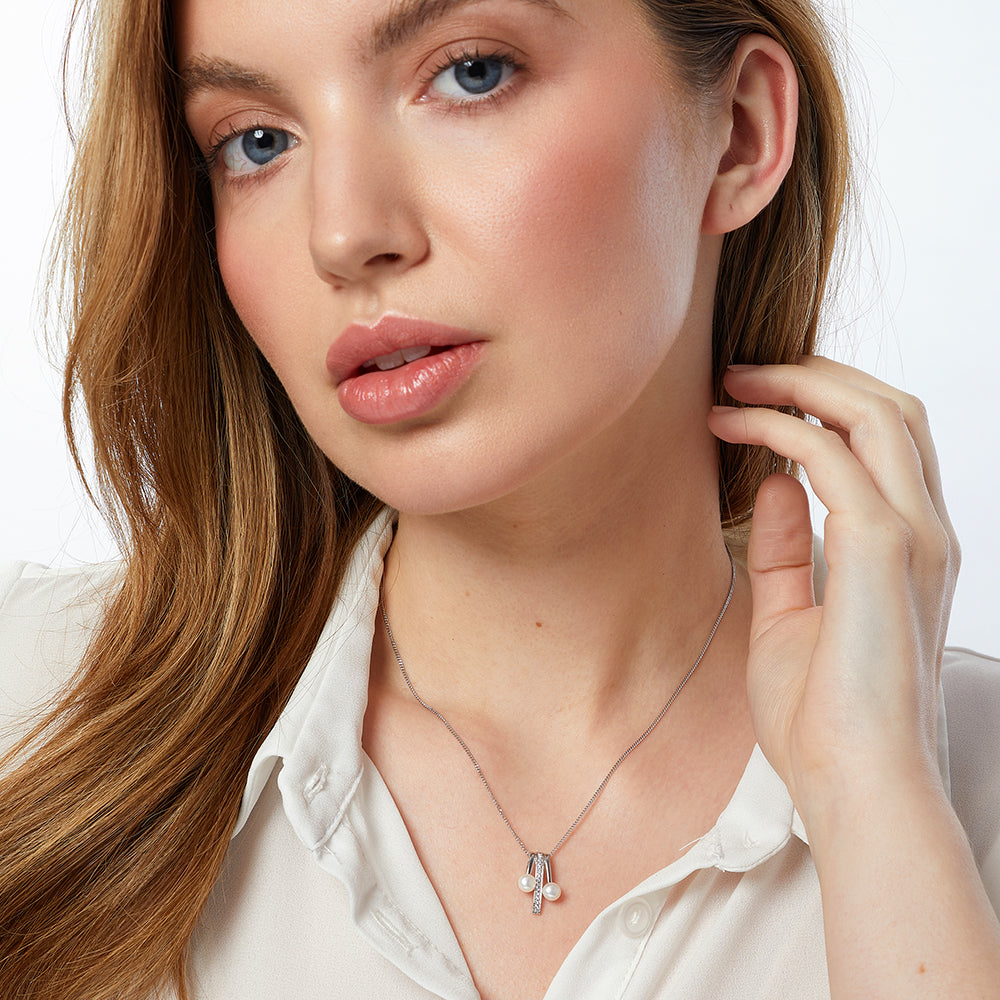 Silver Pearl Drop Bar Necklace
