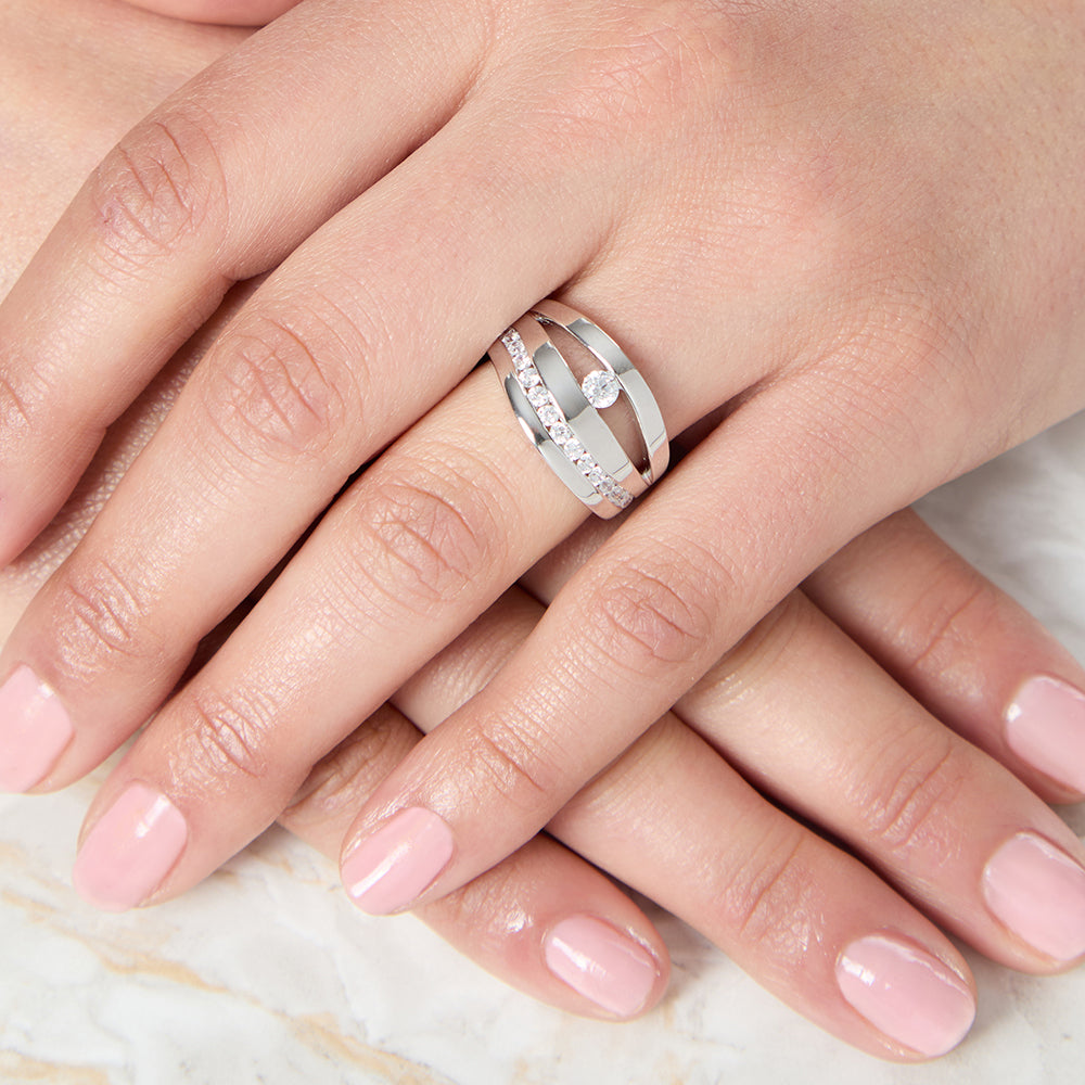 Sterling Silver Triple Band Ring With A Single Round Stone