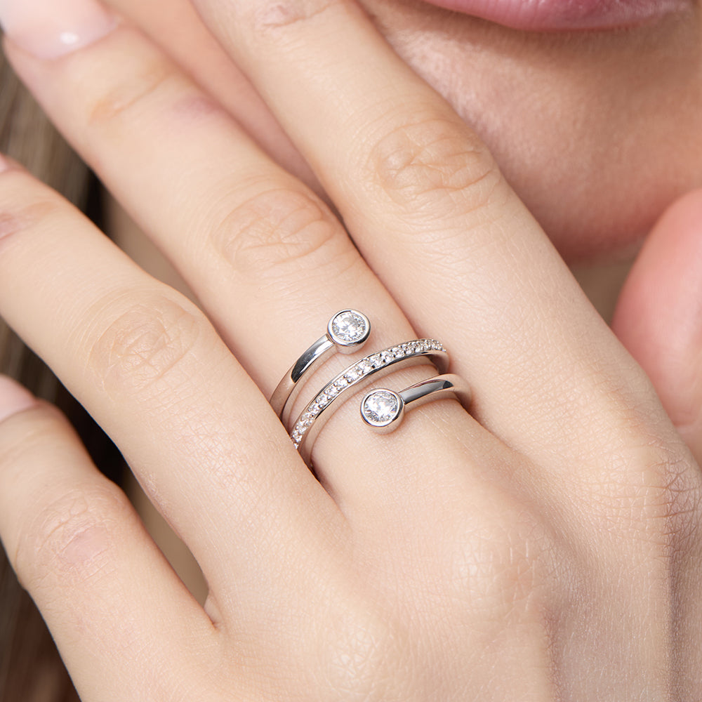 Sterling Silver Open Band Ring With Rub Set Stones