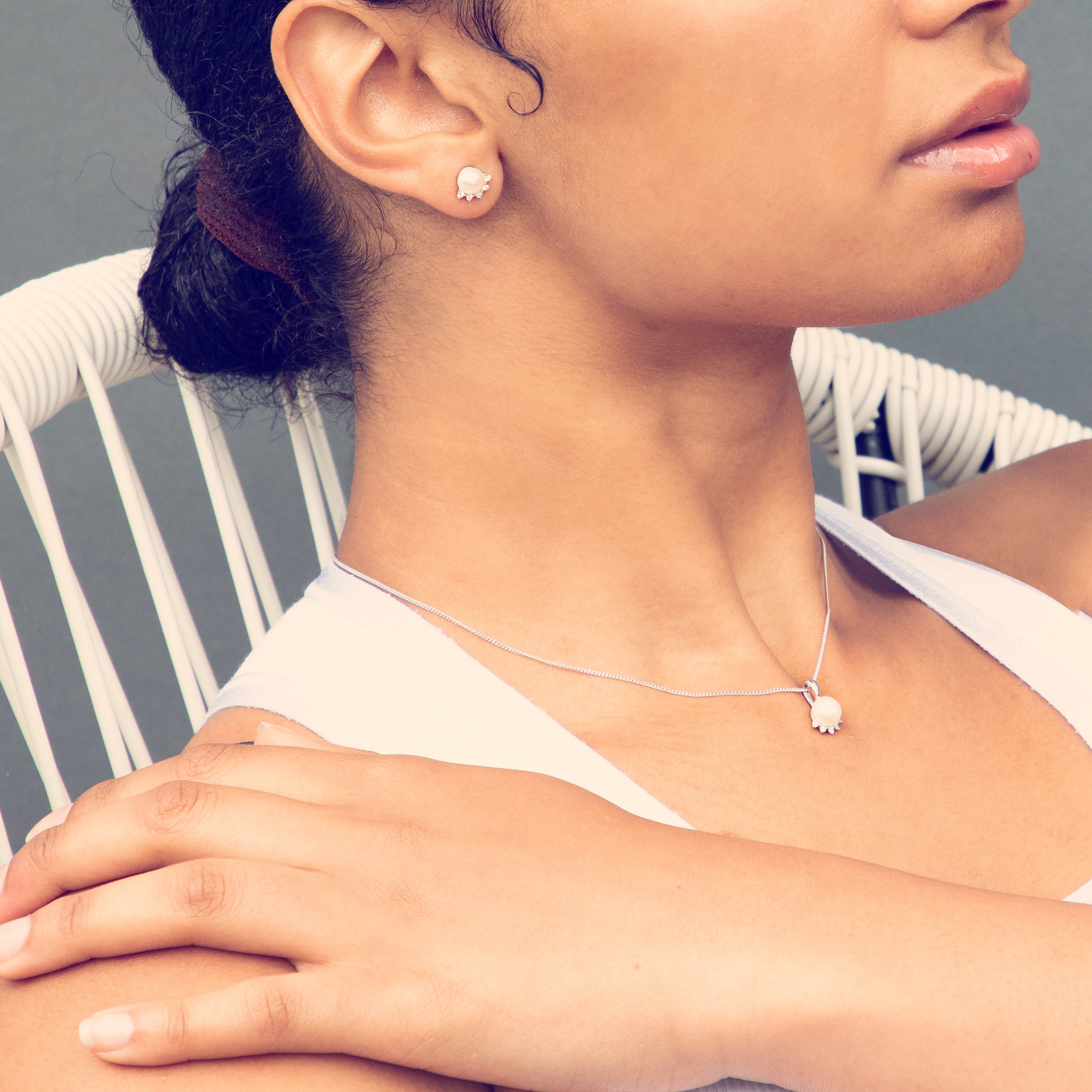 Sterling Silver Pearl Necklace With Cubic Zirconia Tips