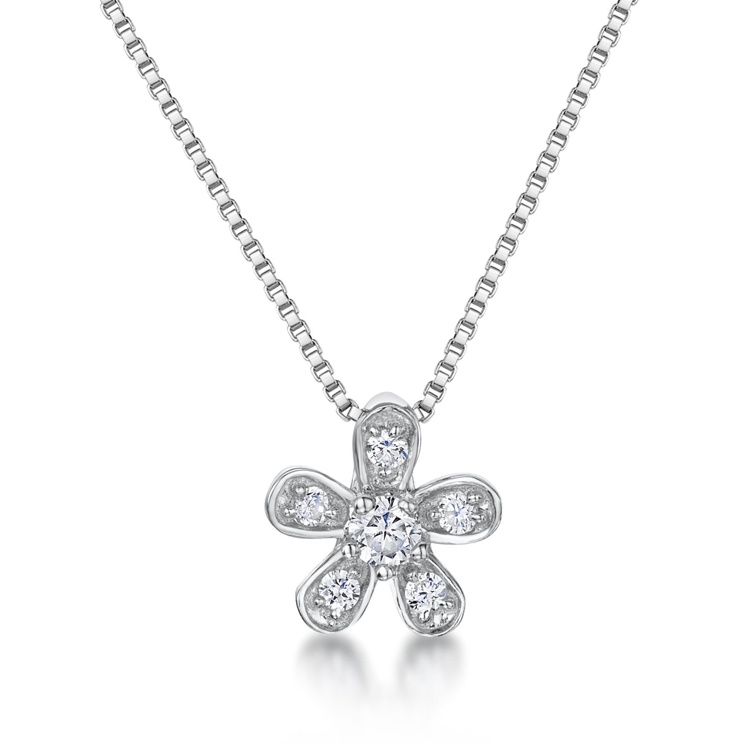 Sterling Silver And White Zirconia Five Petal Necklace