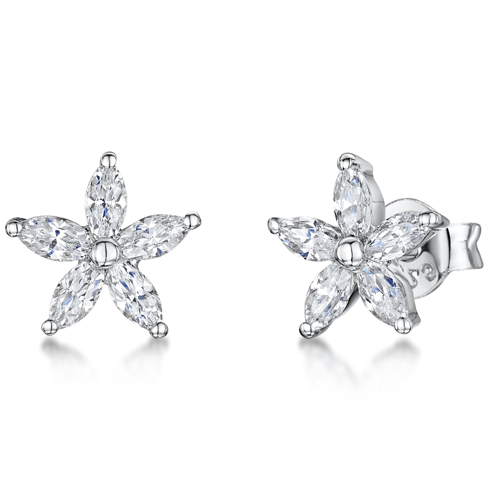 Sterling Silver Marquise Cubic Zirconia Flower Stud Earrings | Silver Blossom Studs