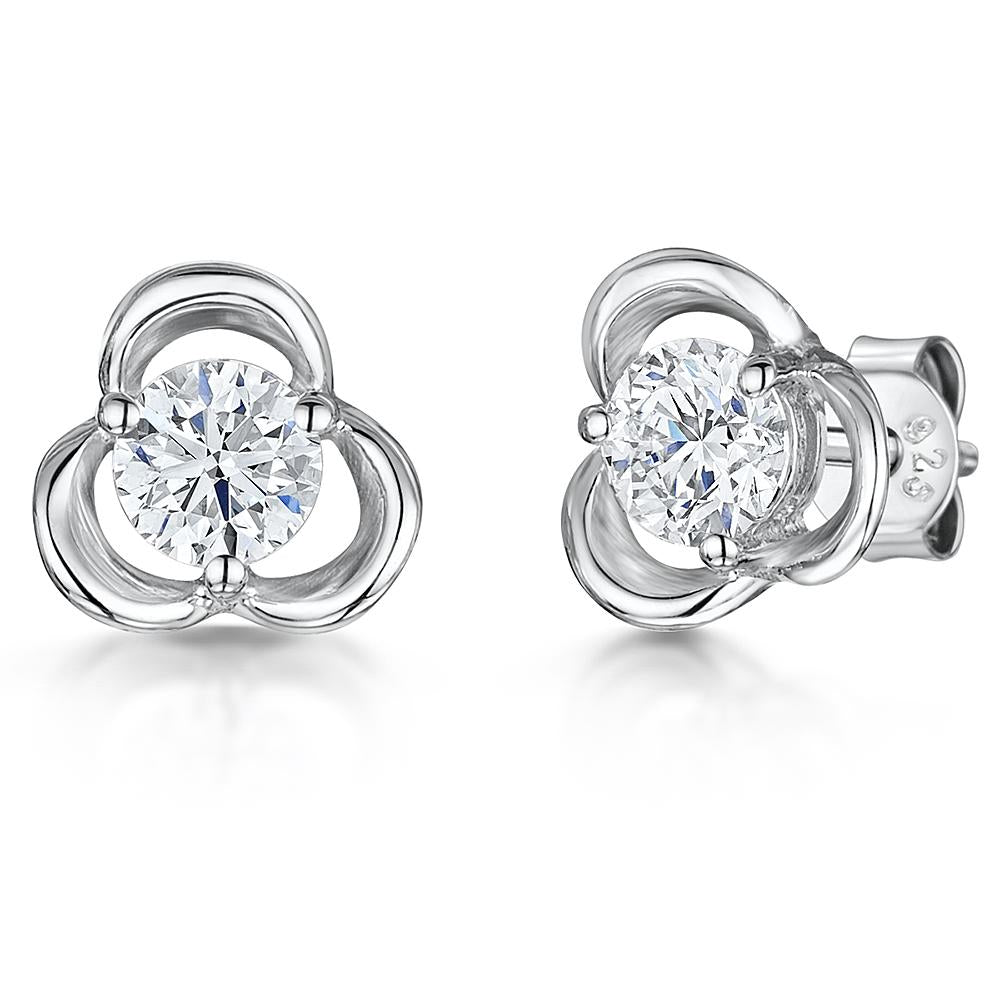 Sterling Silver Three Flower White Zirconia Stud Earrings
