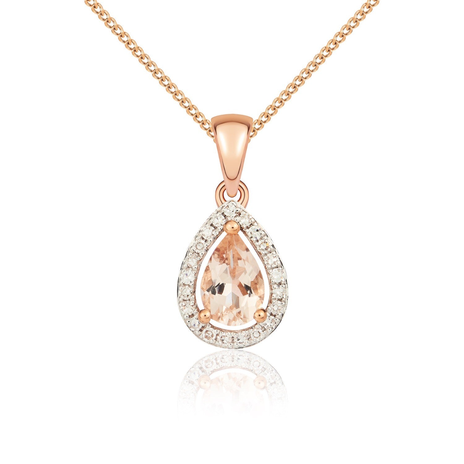9CT RG 6X4 PEARSHAPE MORGANITE & DIAMOND HALO CLAW CLUSTER PENDANT. RHDOIUM TO DIAMONDS