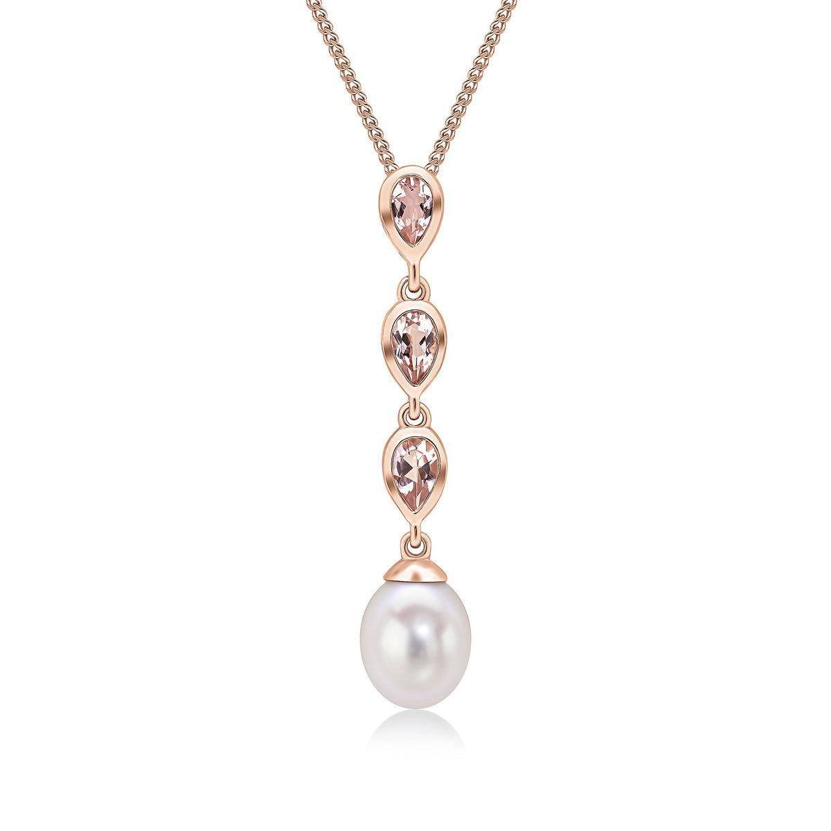 9CT RG PEARL & TRIPLE PEARSHAPE MORGANITE DROP PENDANT