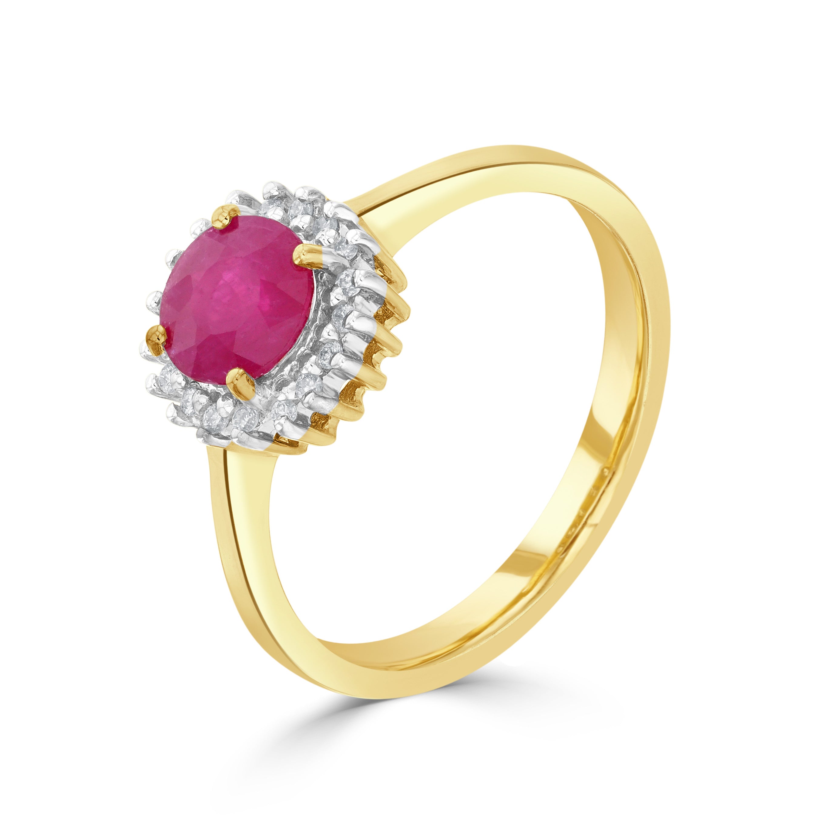 9CT YG 6MM ROUND RUBY & DIAMOND CLAW SET CLUSTER RING. RHODIUM TO DIAMONDS