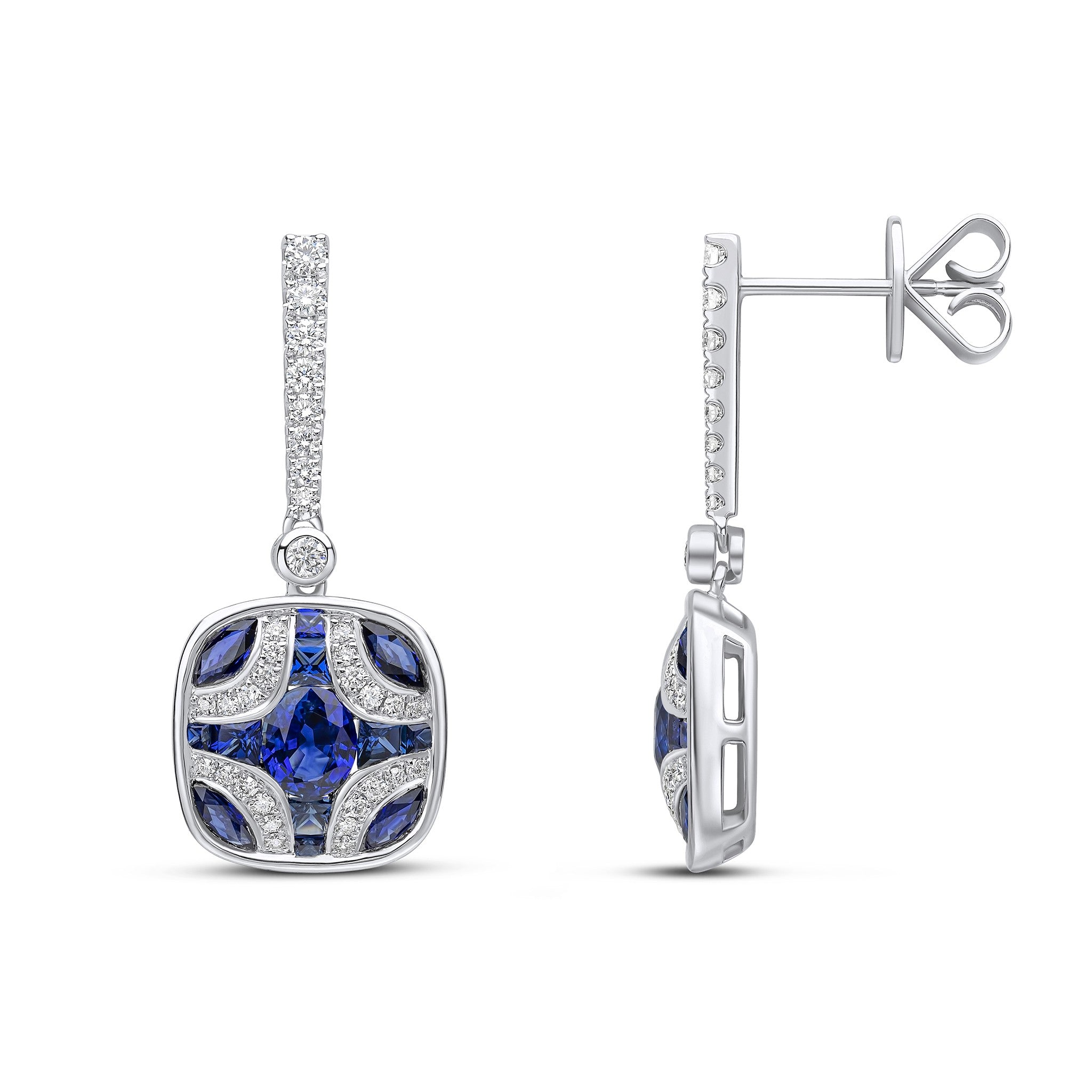 18CT WG SAPPHIRE AND DIAMOND SHIELD & DIAMOND LINE TOP DROP EARRINGS