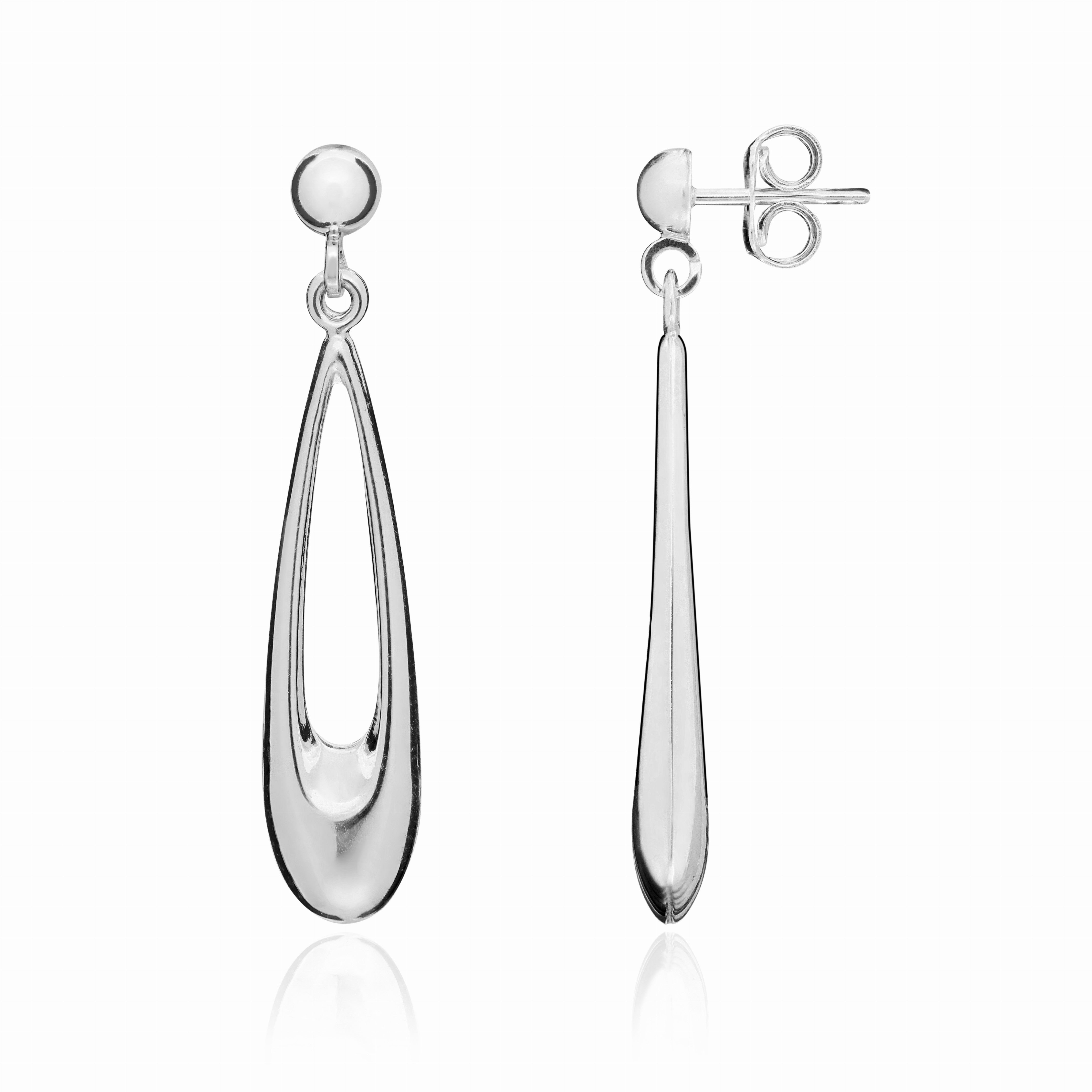 9CT WHITE GOLD LONG OPEN PEARSHAPE DROP EARRINGS WITH POLISHED HALF BEAD TOP