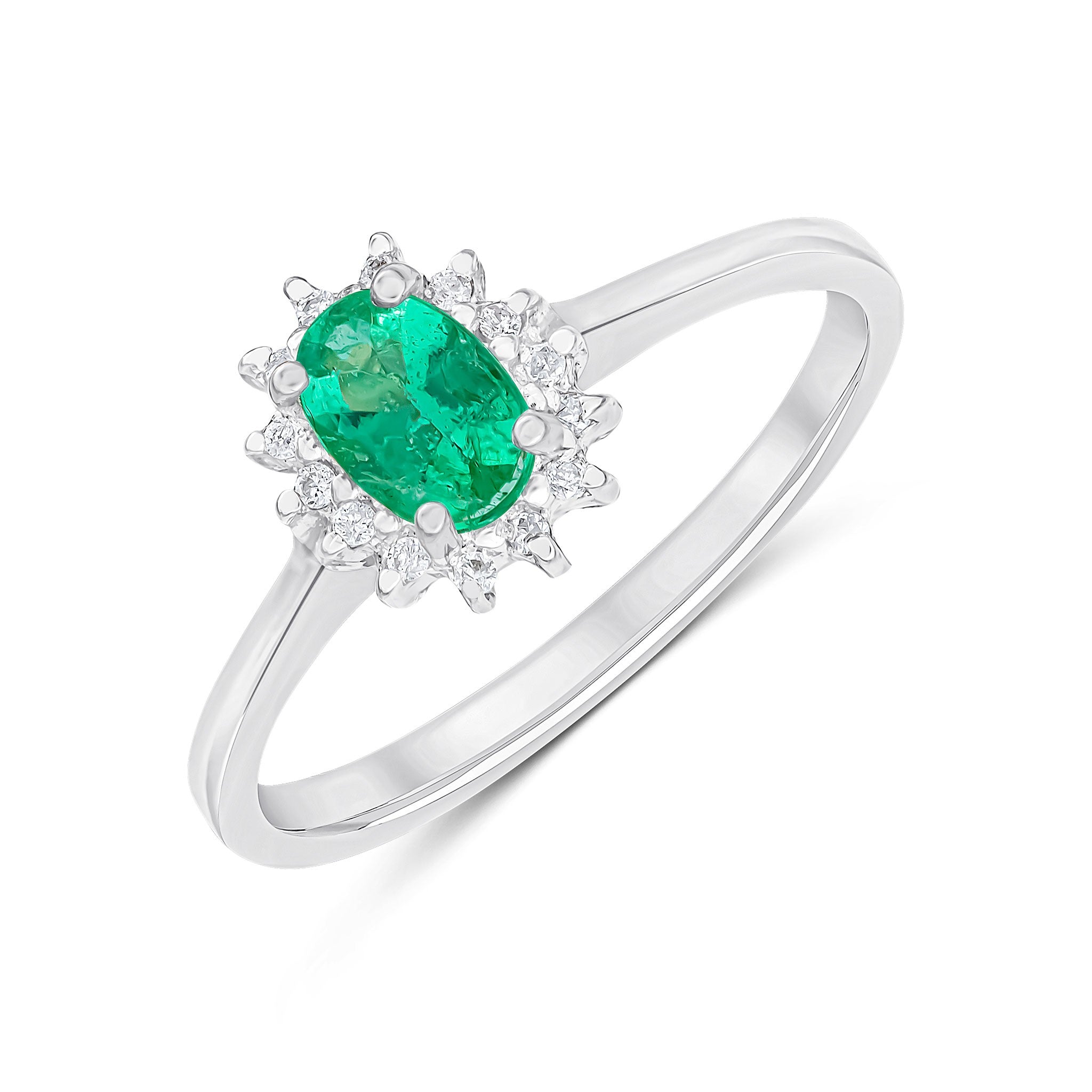 9CT WG 6X4 OVAL EMERALD & DIAMOND CLAW SET CLUSTER RING