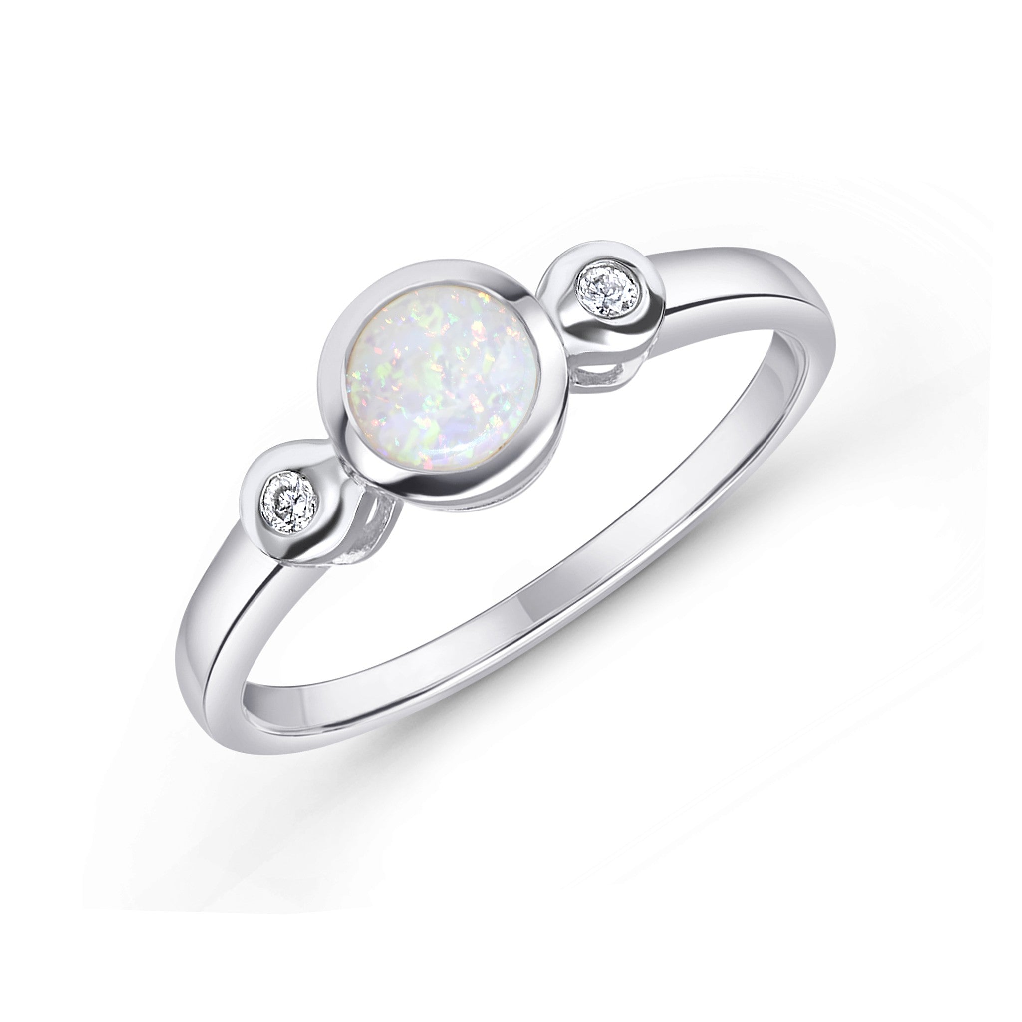 9CT WG 5MM ROUND OPAL AND DIAMOND RUBOVER 3ST RING