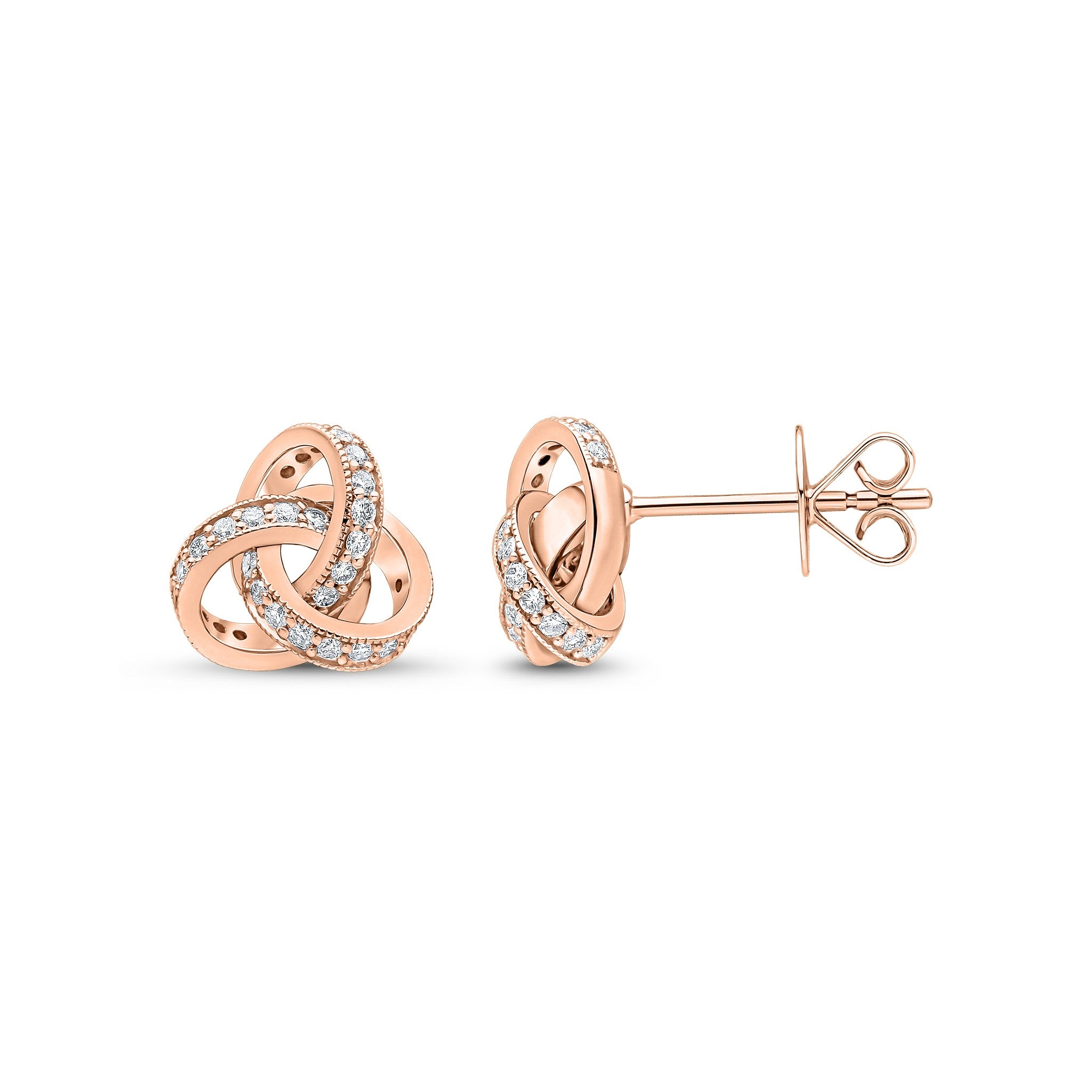 18CT ROSE GOLD ROUND DIAMOND GRAIN SET KNOT STUD EARRINGS SMALL