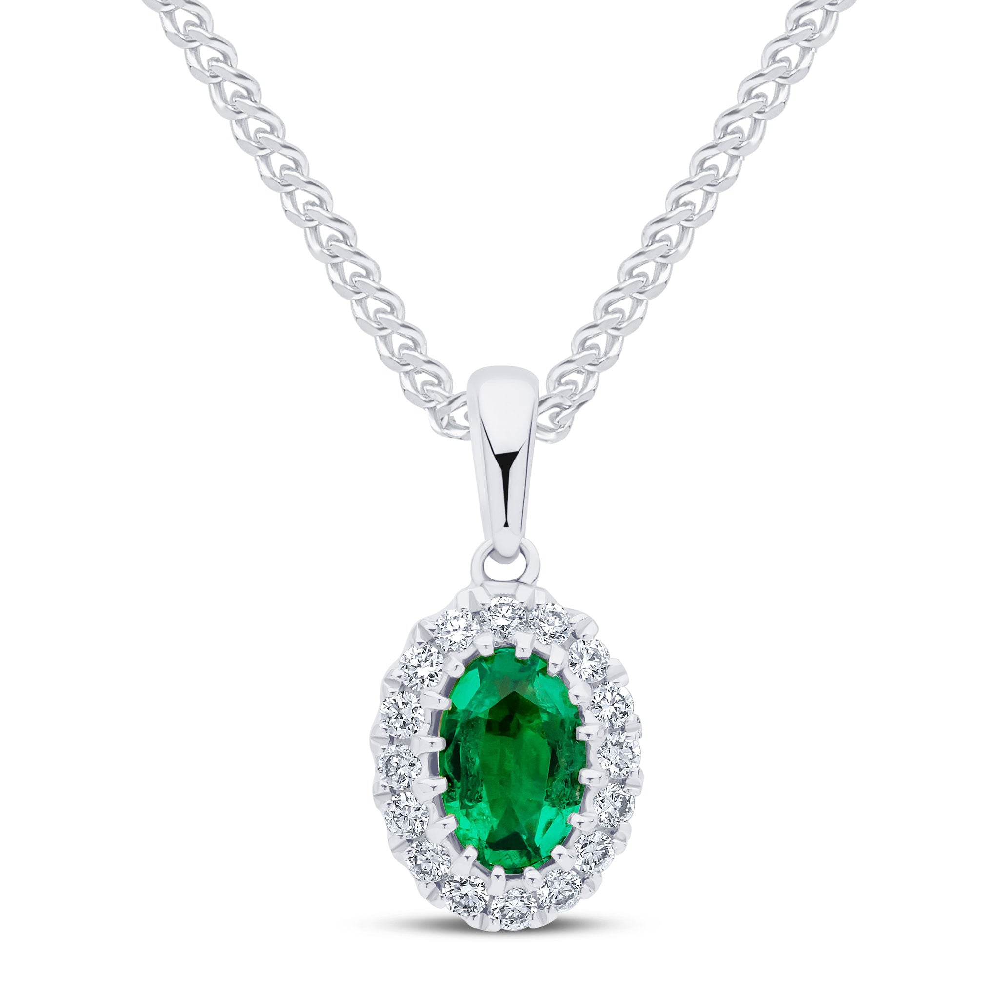 18CT WG 6X4 OVAL EMERALD AND ROUND DIAMOND CLAW CLUSTER PENDANT WITH PLAIN LOOP