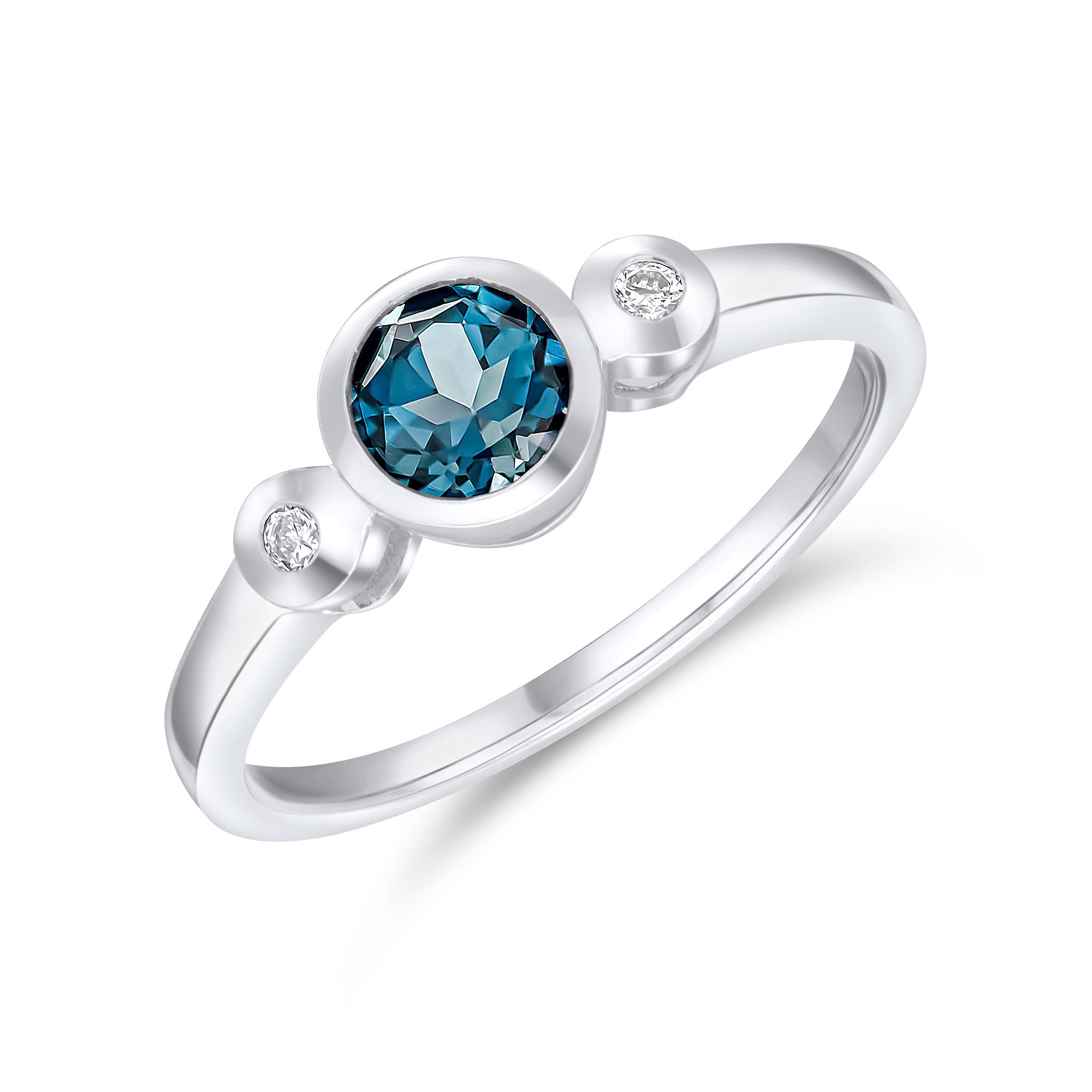 9CT WG 5MM ROUND LONDON BLUE TOPAZ AND DIAMOND RUBOVER 3ST RING