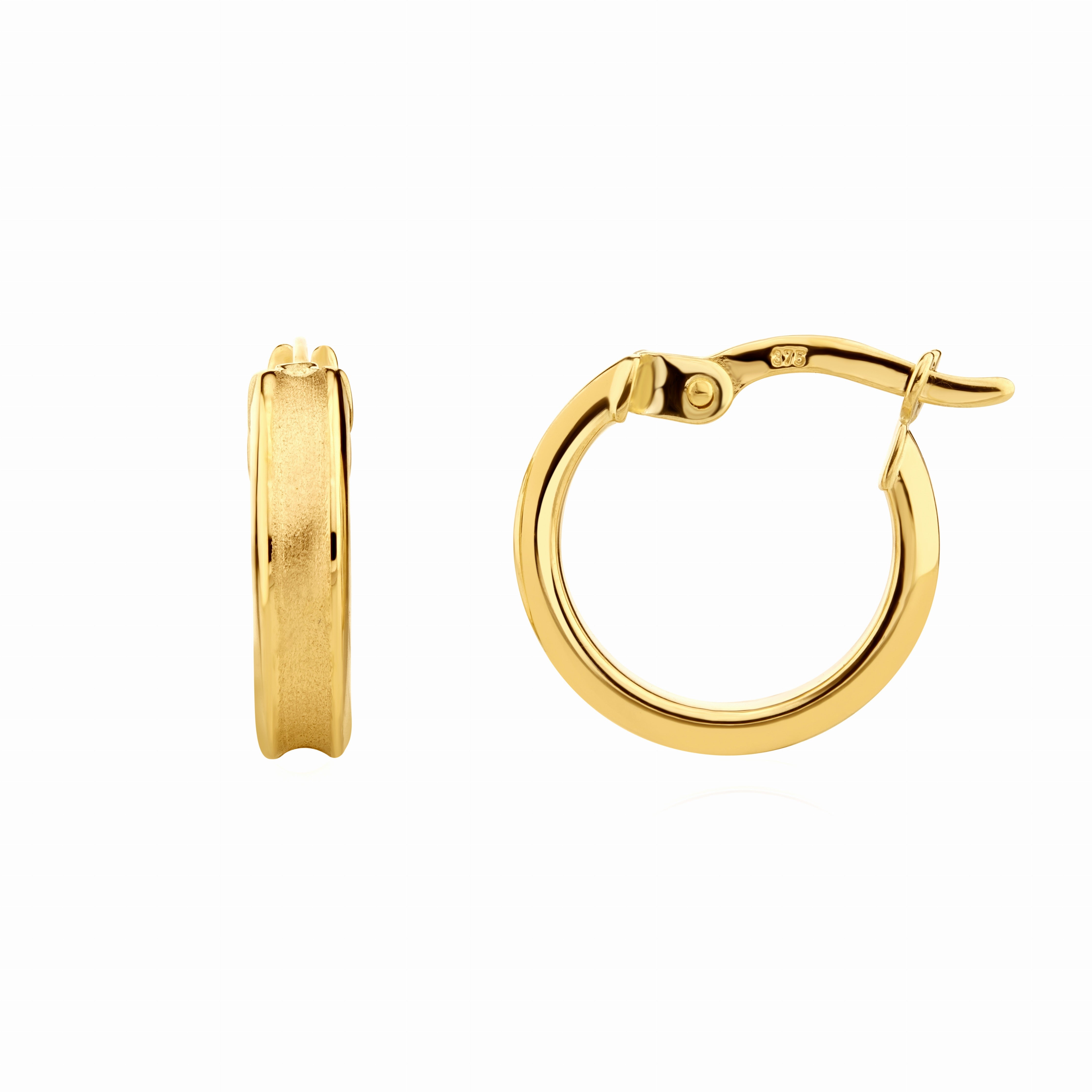 9CT YELLOW GOLD SATIN CONCAVE HOOP EARRINGS WITH POLISHED EDGES